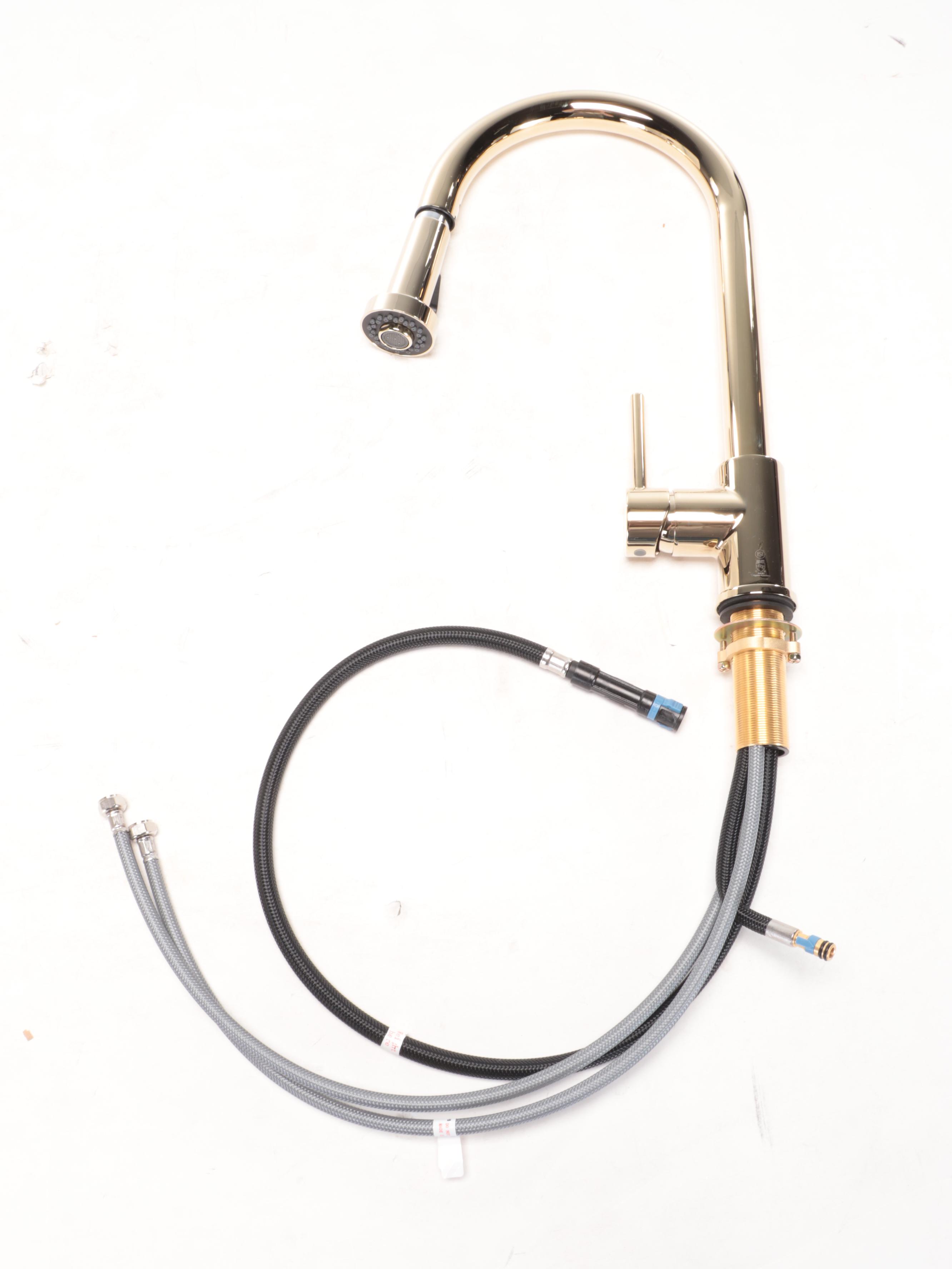 Dark Blue Fireclay Farmhouse Sink, Polished Brass Pull-Down Kitchen Faucet