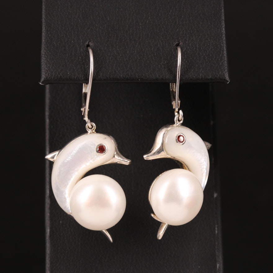 Sterling Pearl, Mother-of-Pearl and Garnet Dolphin Drop Earrings