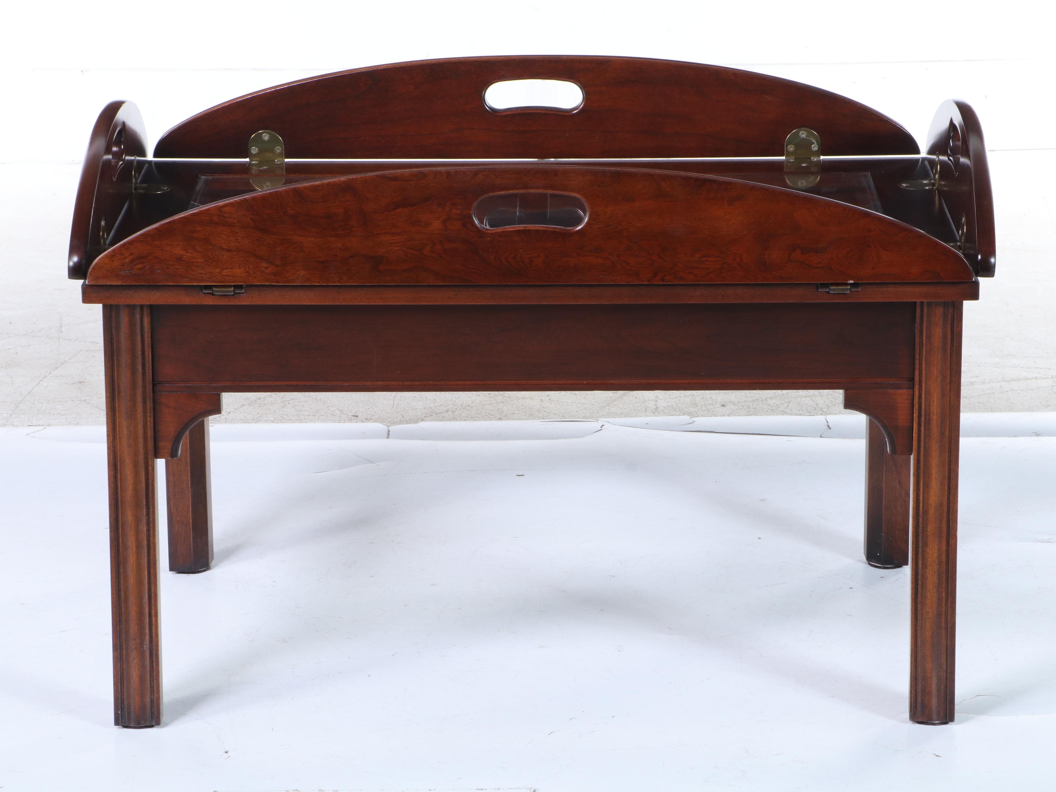 Chippendale Style Cherrywood and Glass Top Butler's Tray Coffee Table