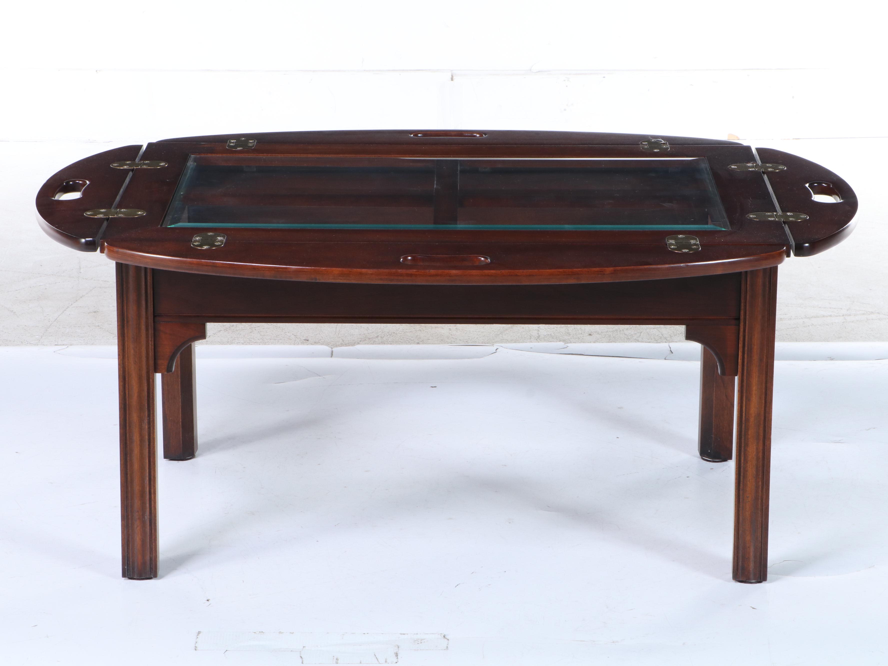 Chippendale Style Cherrywood and Glass Top Butler's Tray Coffee Table