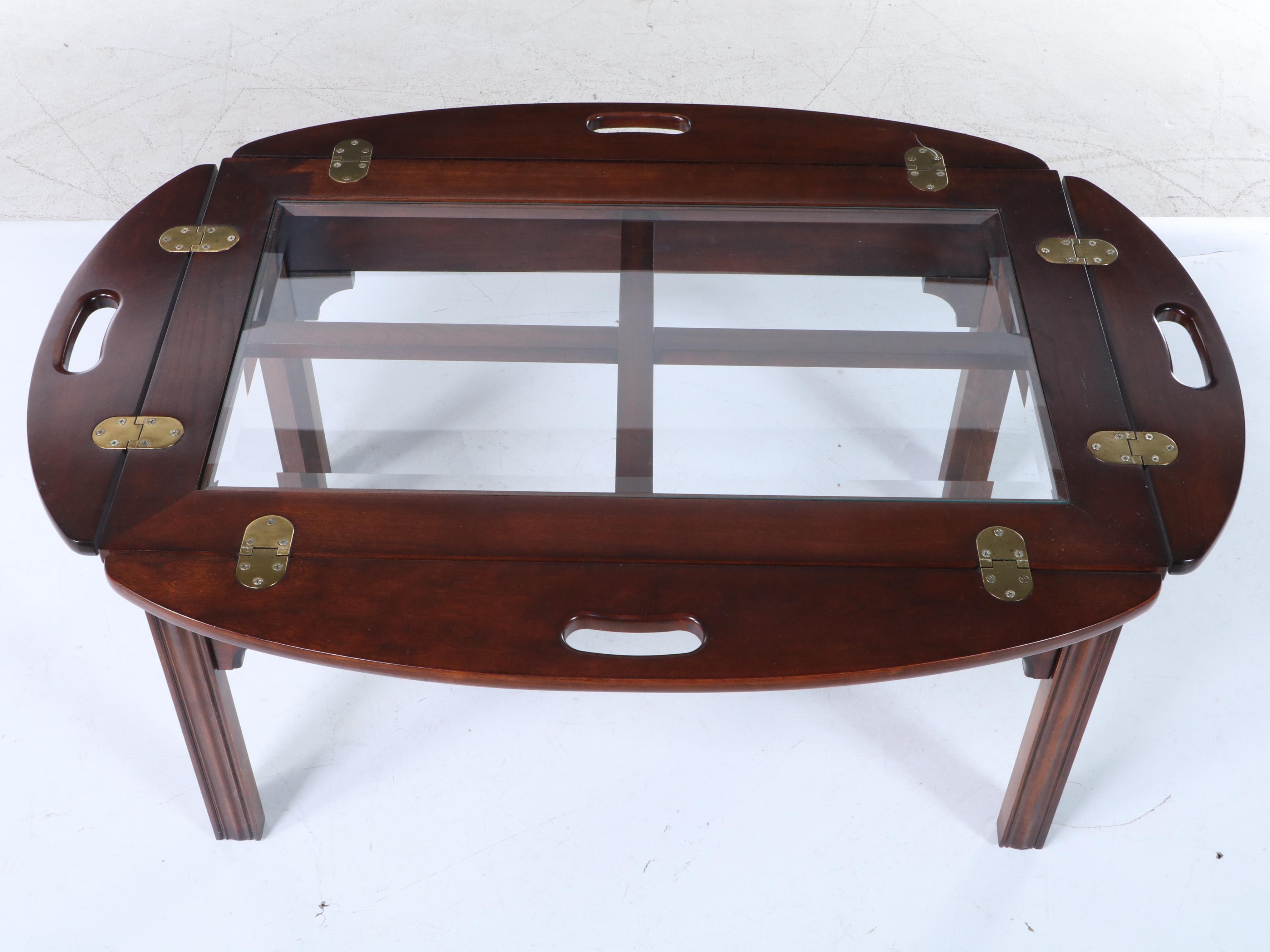 Chippendale Style Cherrywood and Glass Top Butler's Tray Coffee Table