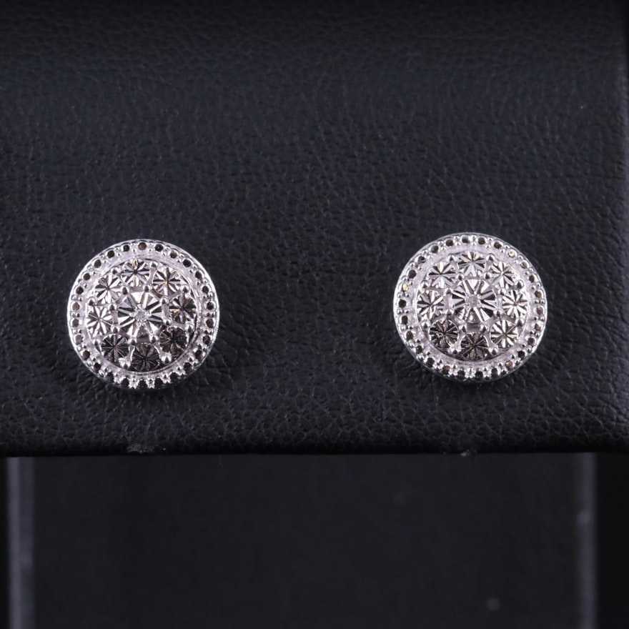 Sterling Silver Diamond Cluster Round Stud Earrings