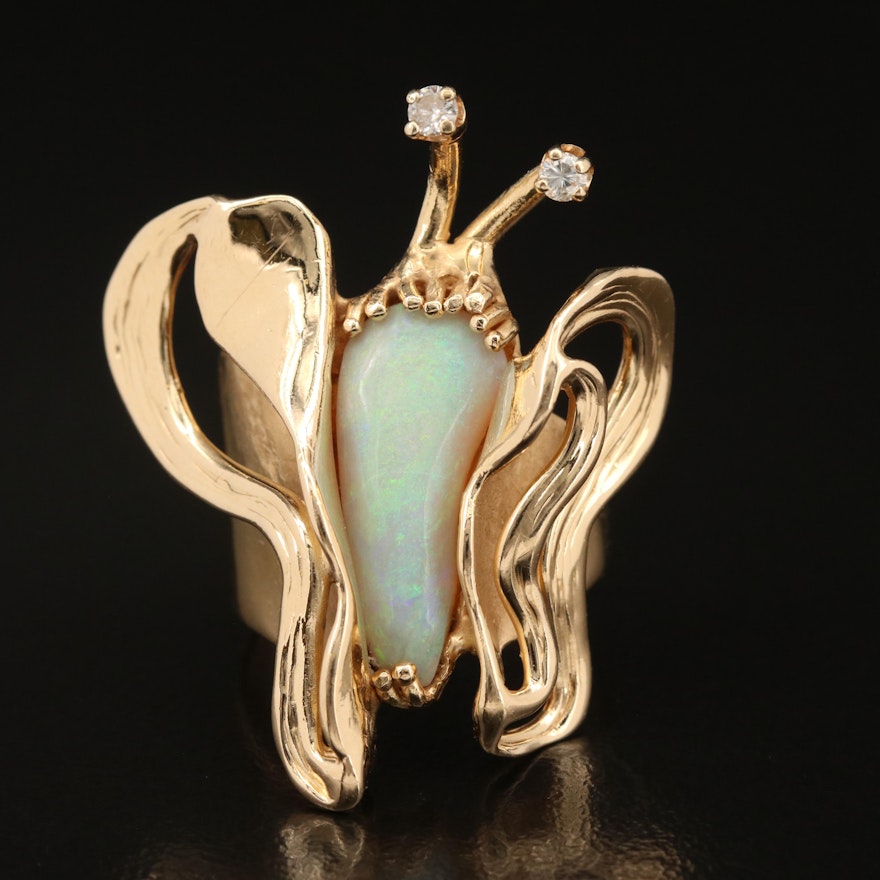 14K Diamond and Opal Butterfly Ring