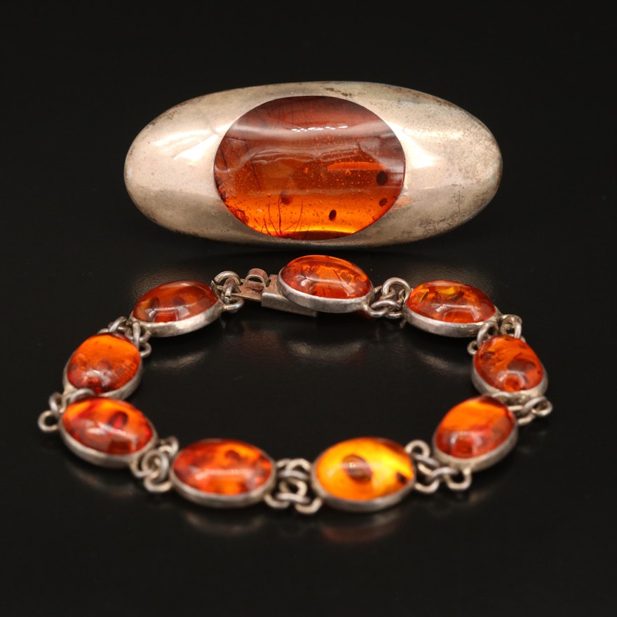 Sterling Amber Bracelet and Brooch