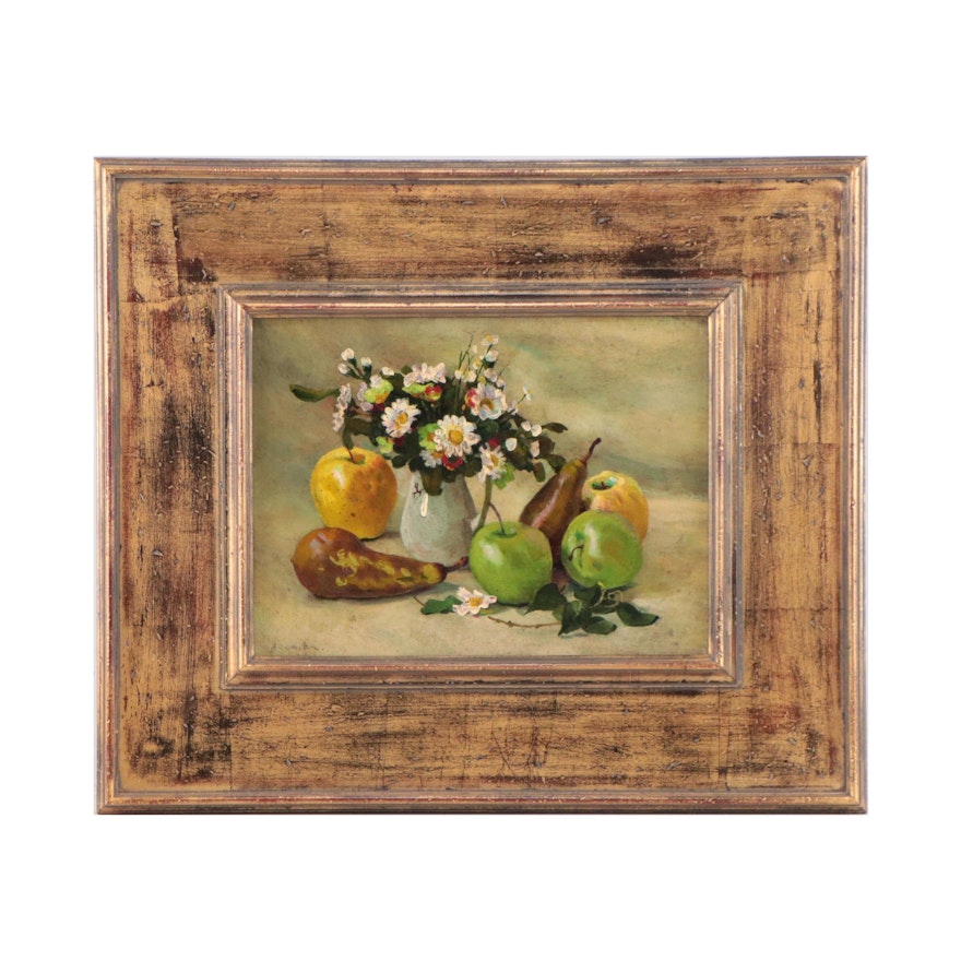 Still Life Oil Painting of Fruit and Flowers, Circa 2000