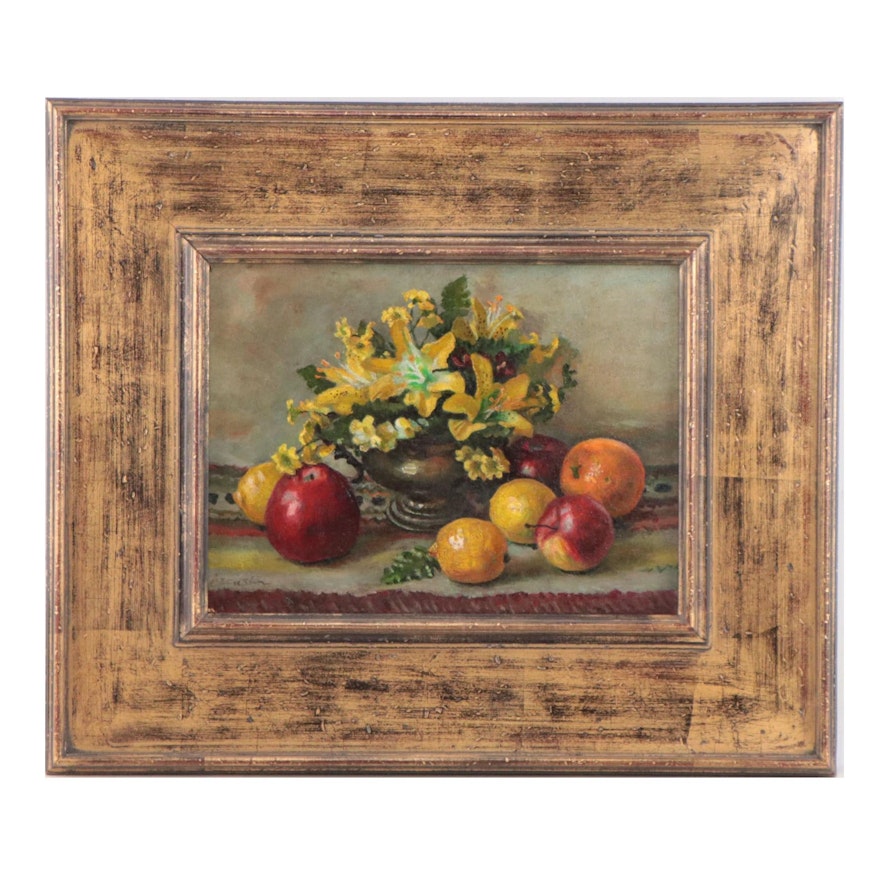 Still Life Oil Painting of Fruit and Flowers, Circa 2000