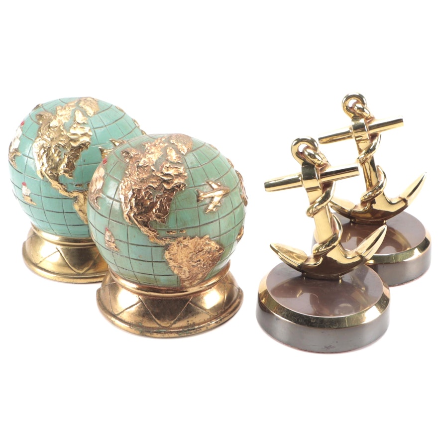 Philadelphia Mfg. Co. Brass Anchor Bookends with Metal Clad Globe Bookends