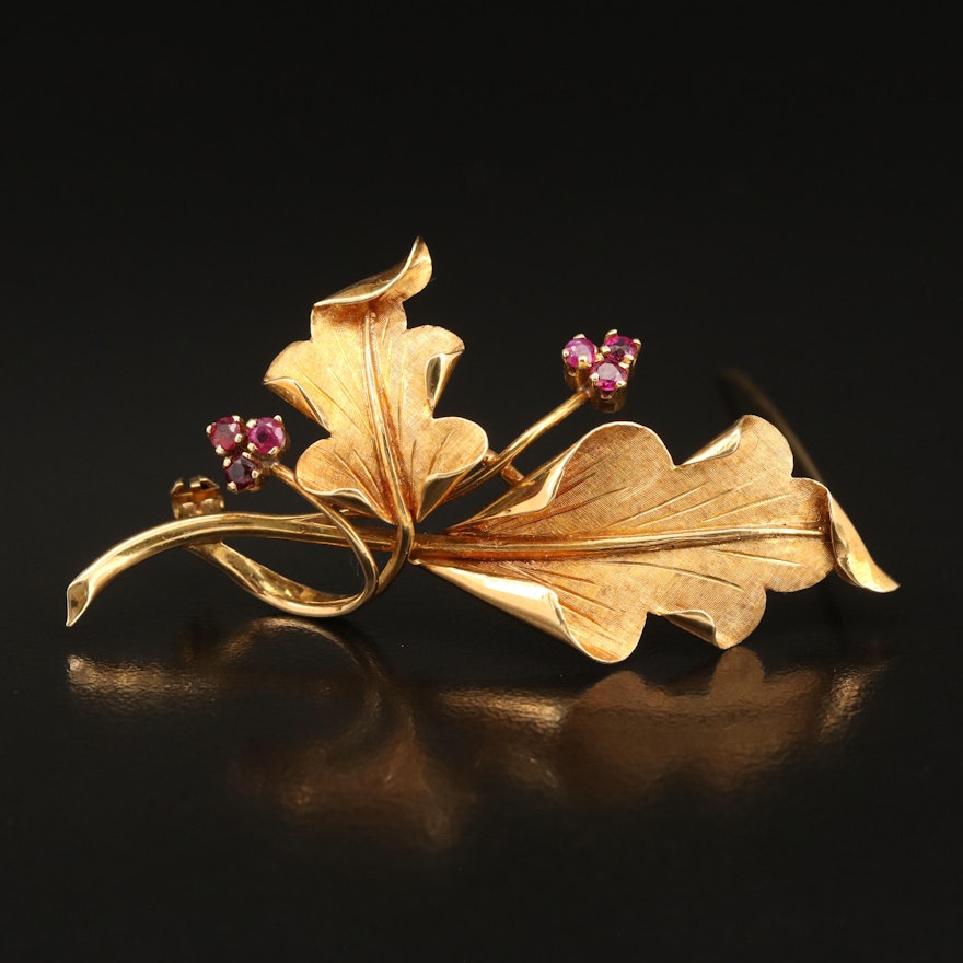 Vintage 18K Ruby Oak Leaves Spray Brooch