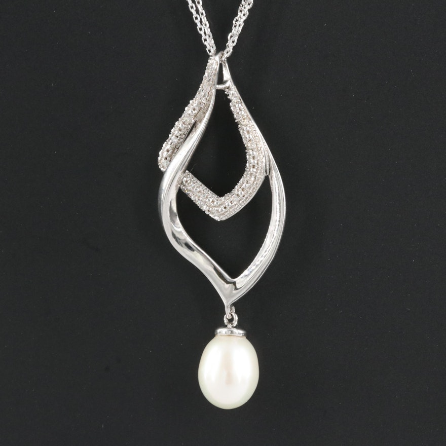Sterling Pearl and Diamond Drop Pendant Necklace