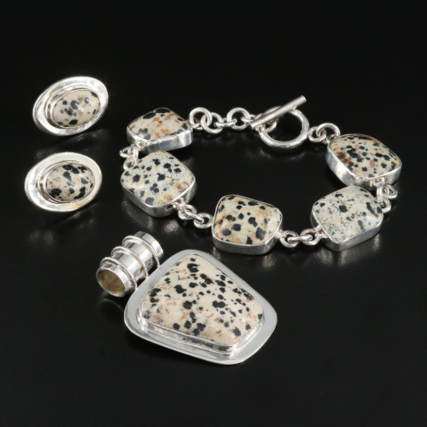 Sterling Dalmation Stone Bracelet, Pendant and Earrings Set