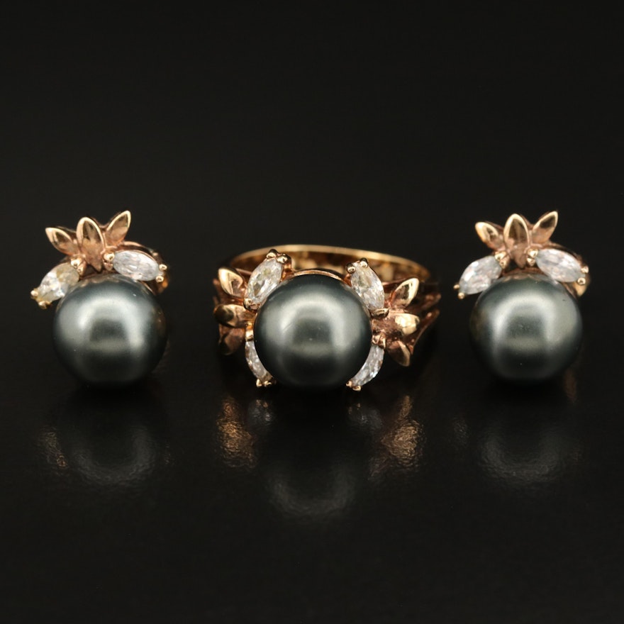 Gold-Filled Faux Pearl and Cubic Zirconia Ring and Earrings