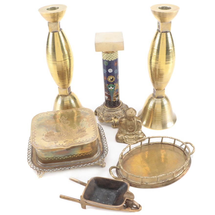 Indian Brass Candlesticks and Tray with Other Brass and East Asian Décor