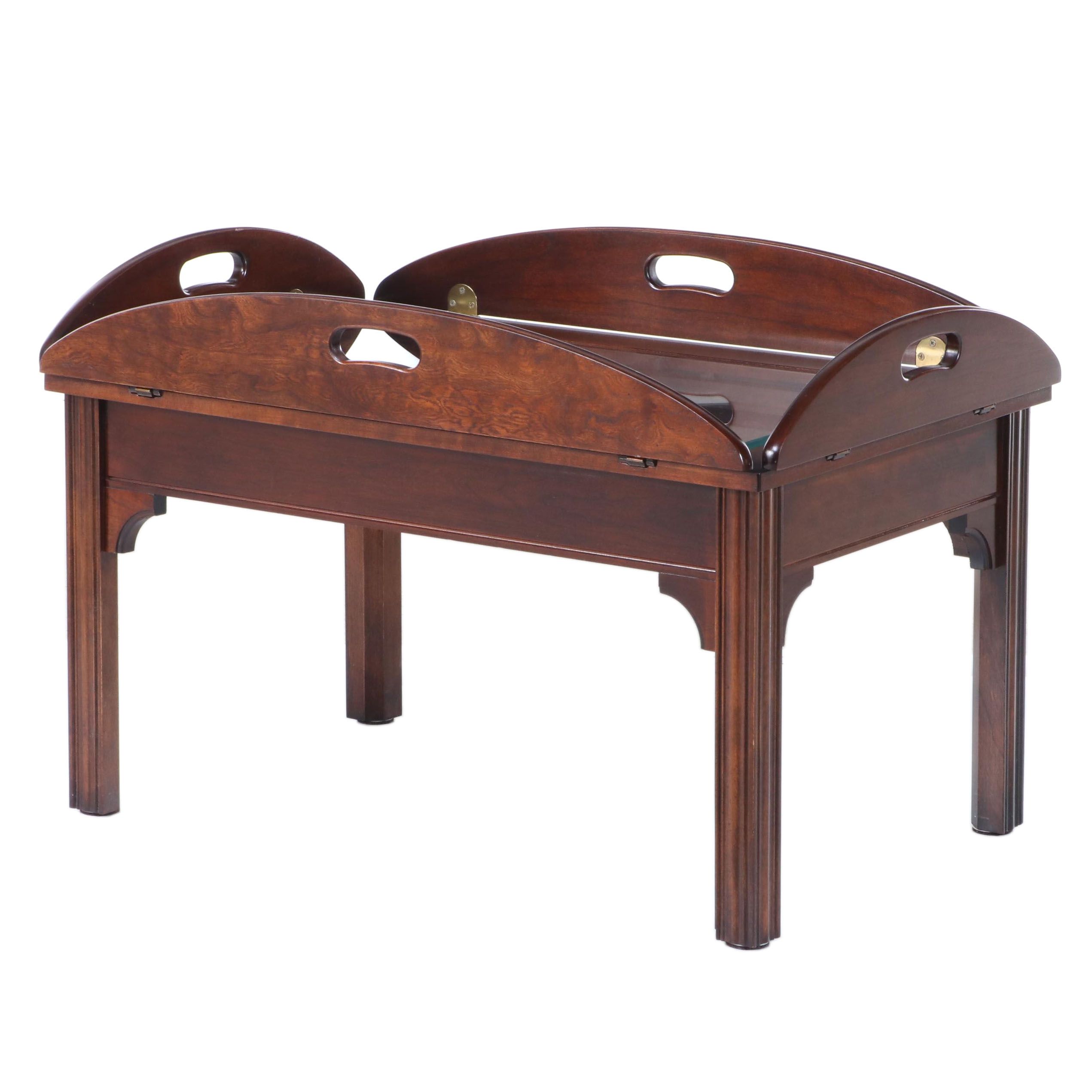 Chippendale Style Cherrywood and Glass Top Butler's Tray Coffee Table