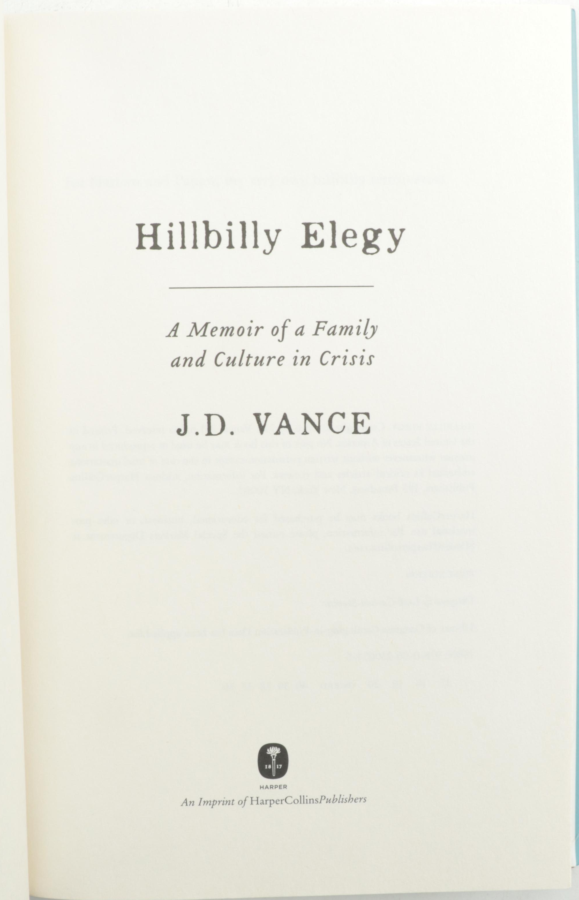 Signed First Edition "Hillbilly Elegy" by J. D. Vance and More