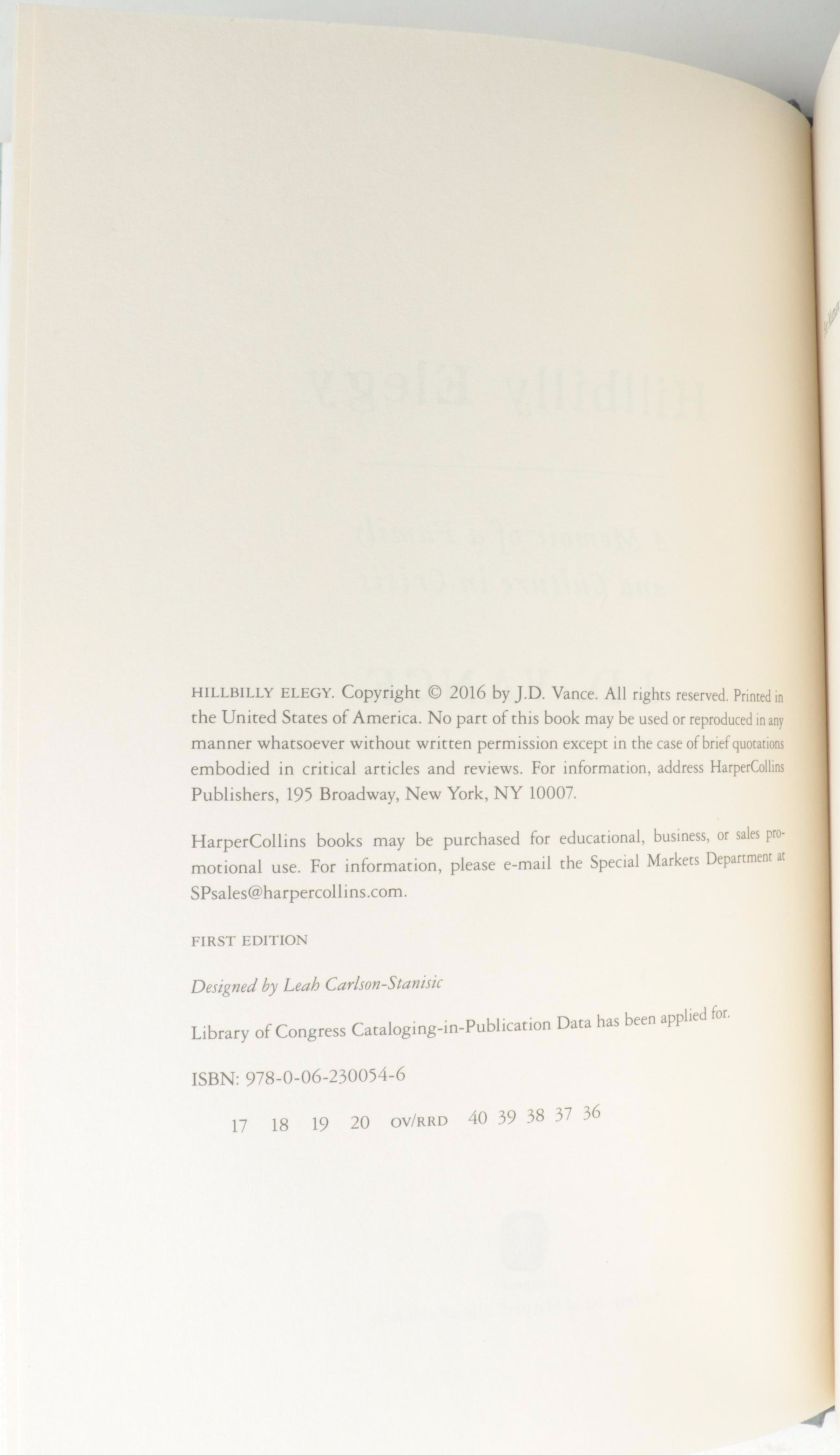 Signed First Edition "Hillbilly Elegy" by J. D. Vance and More