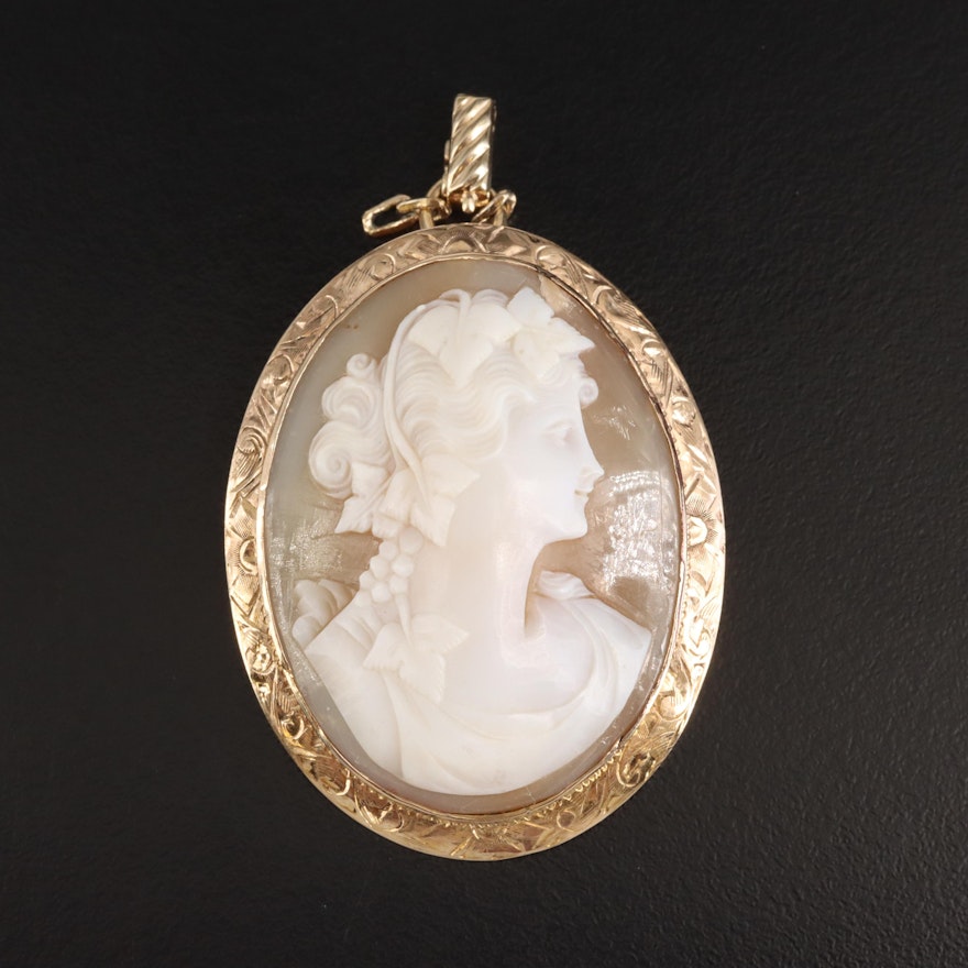 Early 1900s 10K Baccanate Shell Cameo Converter Brooch