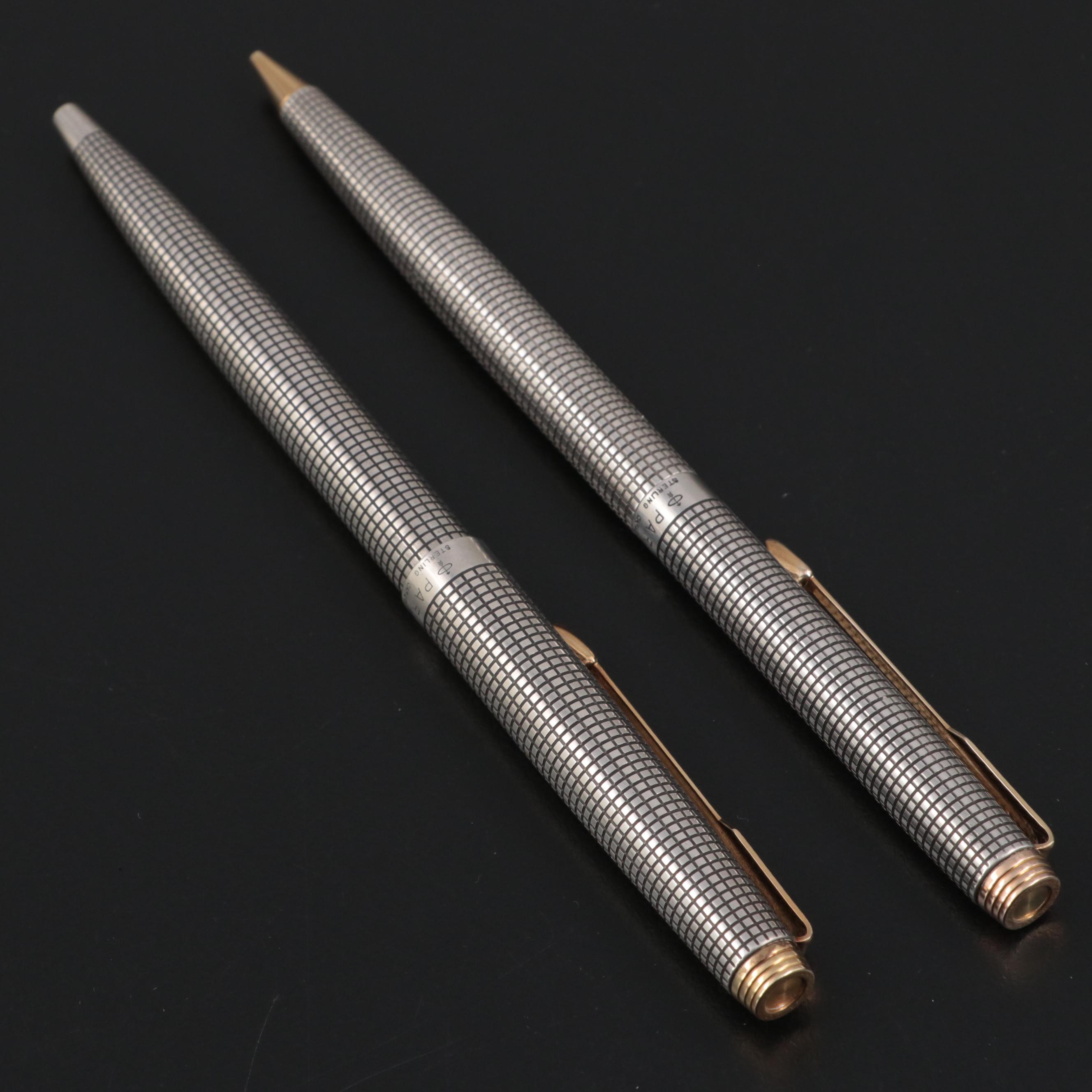 Parker 75 Cicelé Sterling Silver Ballpoint Pen and Pencil Set, Late 20th Century
