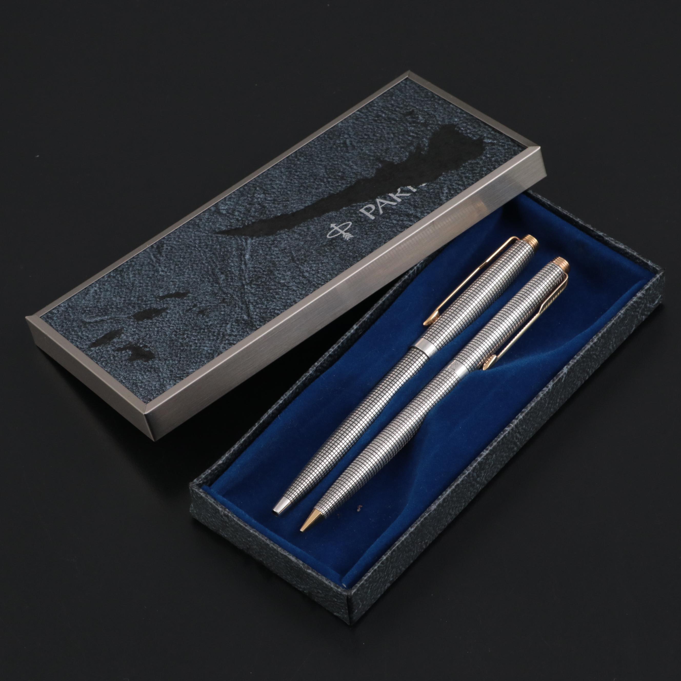 Parker 75 Cicelé Sterling Silver Ballpoint Pen and Pencil Set, Late 20th Century