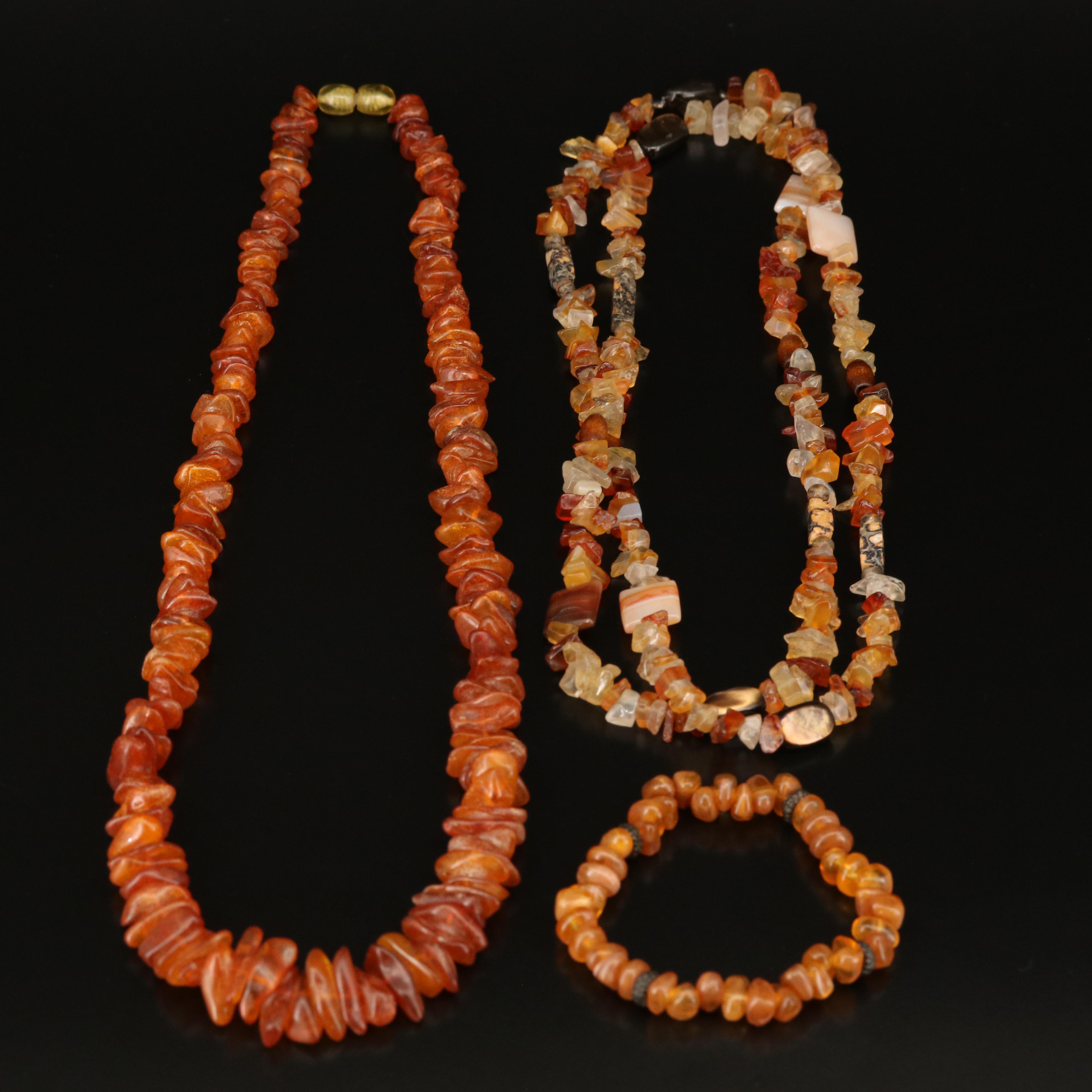 Amber, Agate and Mother-of-Pearl Beaded Necklaces and Bracelet