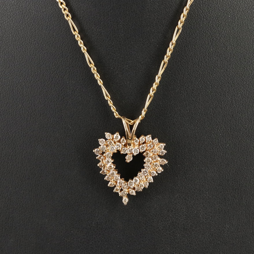 14K 1.00 CTW Diamond Heart Pendant on Figaro Chain