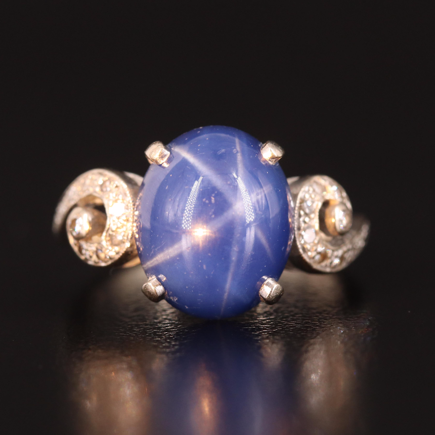 Vintage 10K Star Sapphire and Diamond Scrollwork Ring
