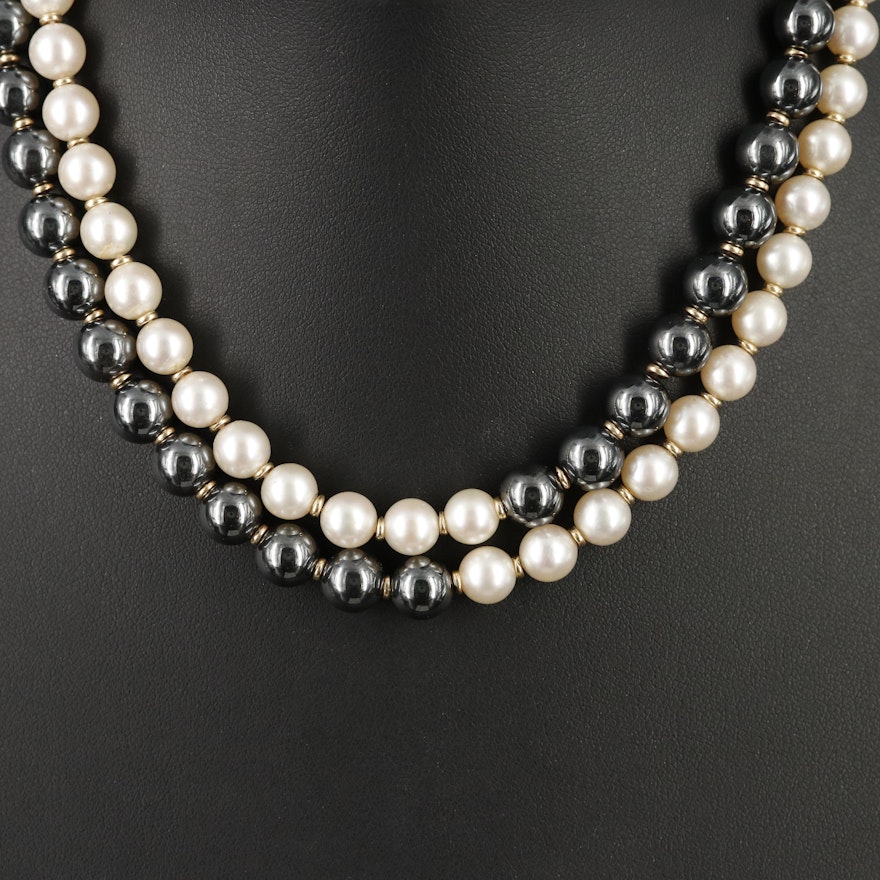 Hematite and Pearl Necklace with 14K Clasp
