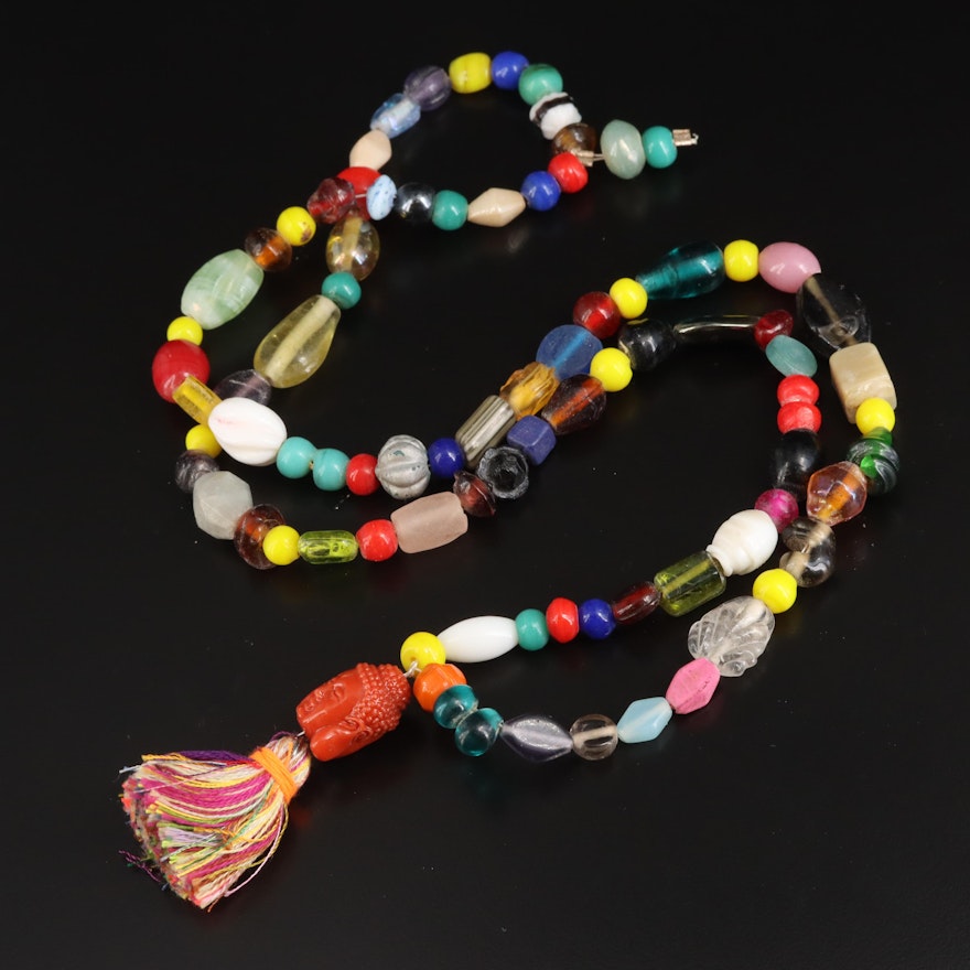 Buddha and Tassel Necklace with Multi-Colored Beads