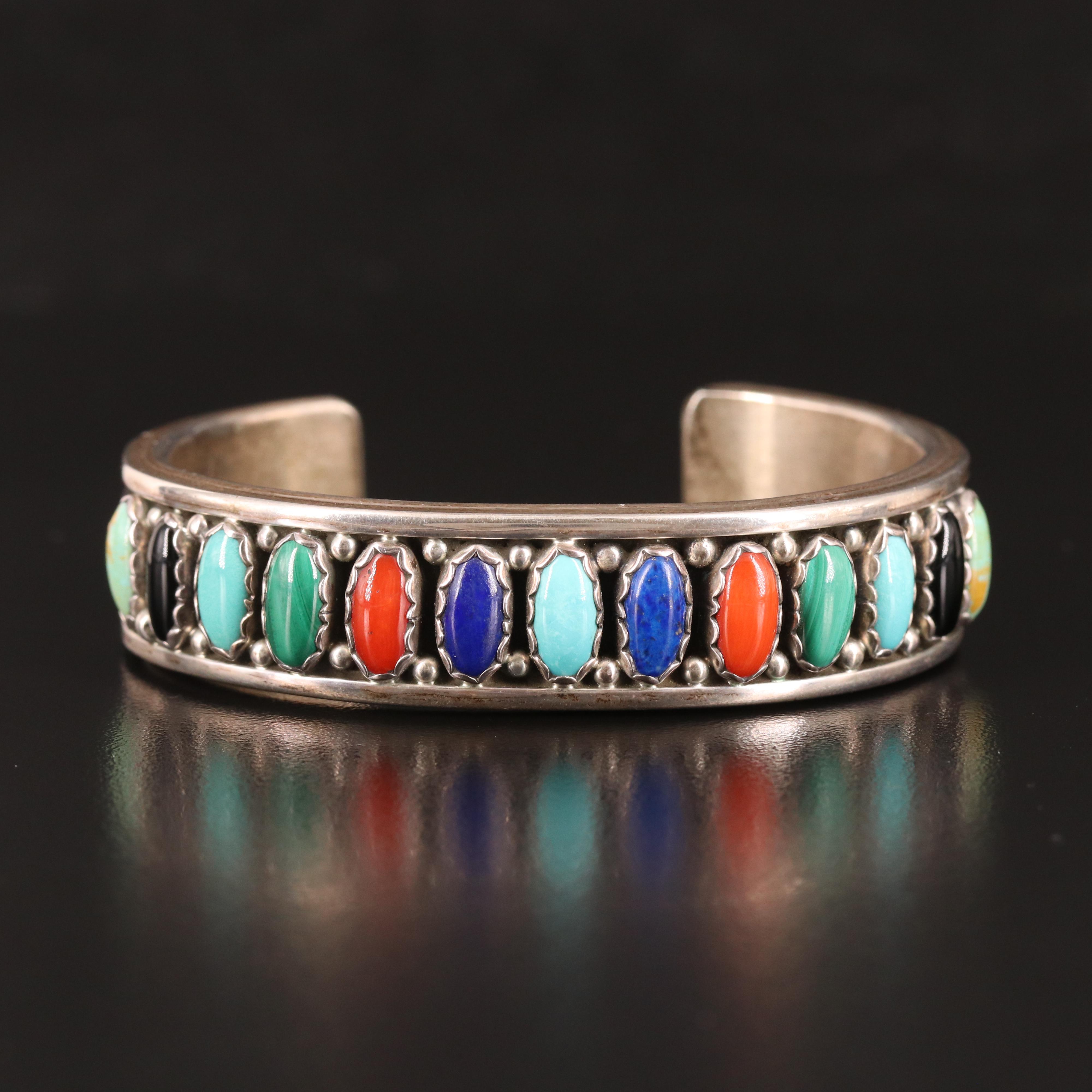 Murphy Platero Navajo Diné Sterling Coral, Malachite and Turquoise Cuff