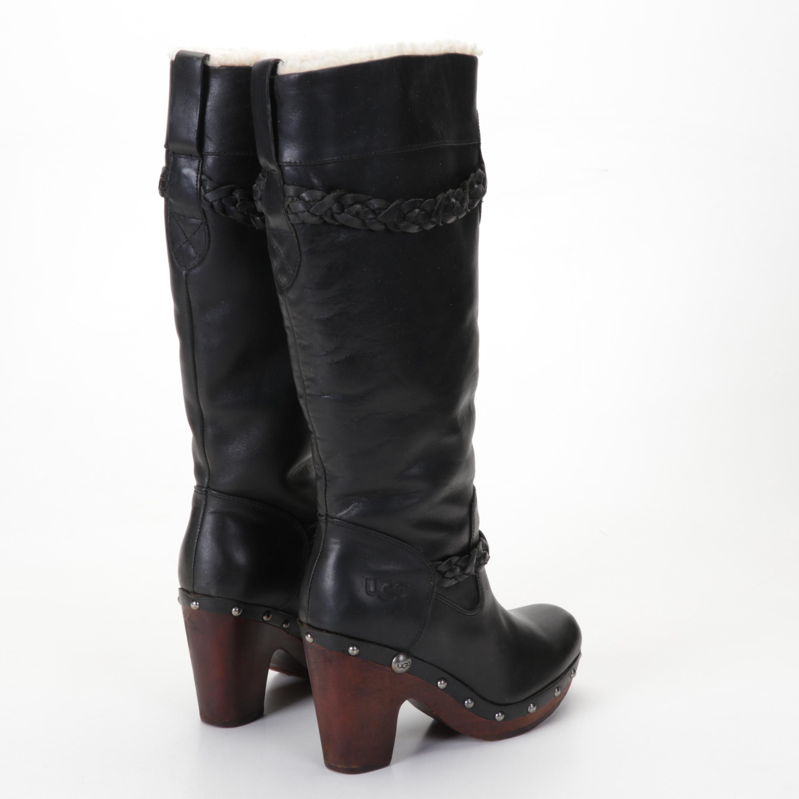 Ugg Australia Savanna Sheepskin Lined Clog Boots in Black Leather