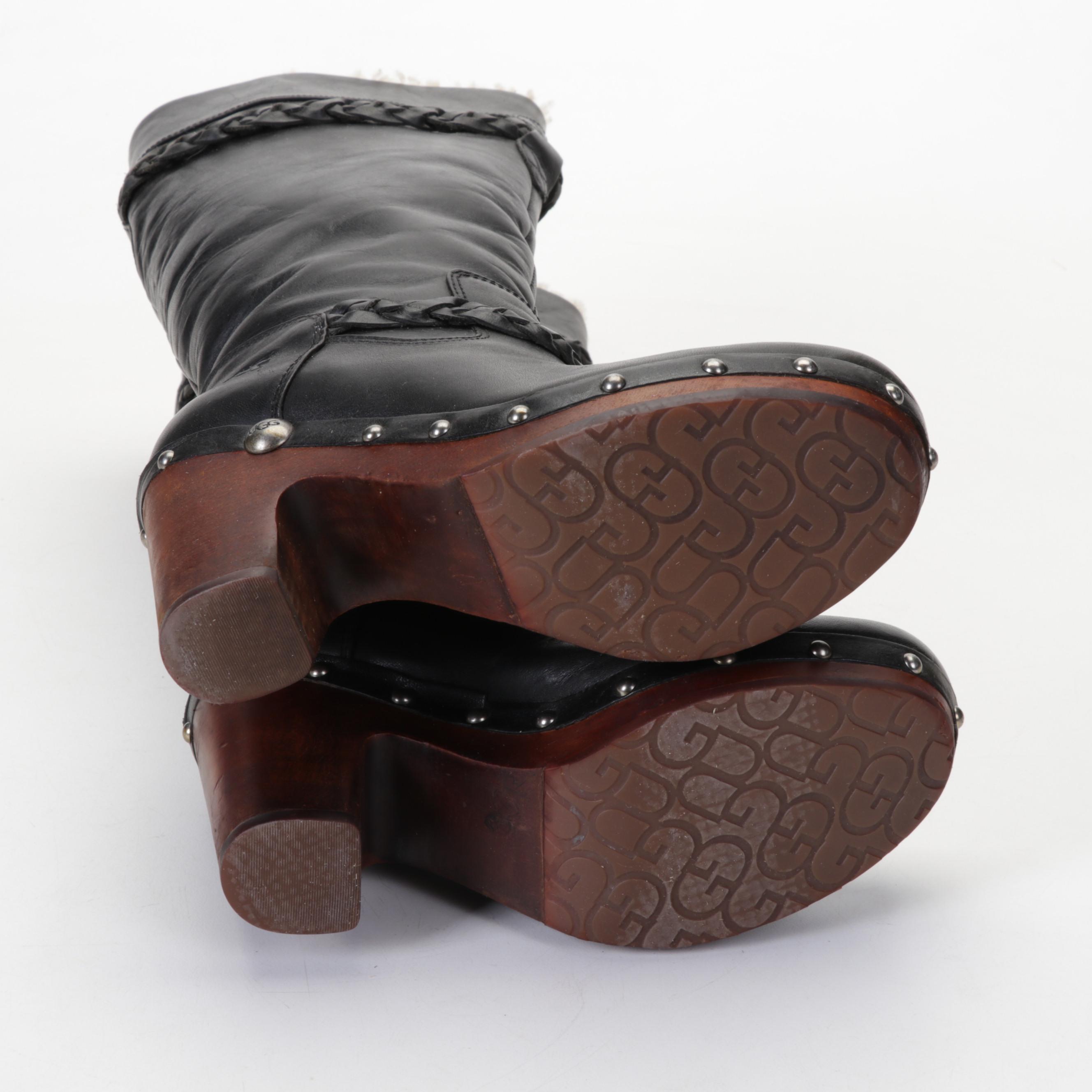 Ugg Australia Savanna Sheepskin Lined Clog Boots in Black Leather