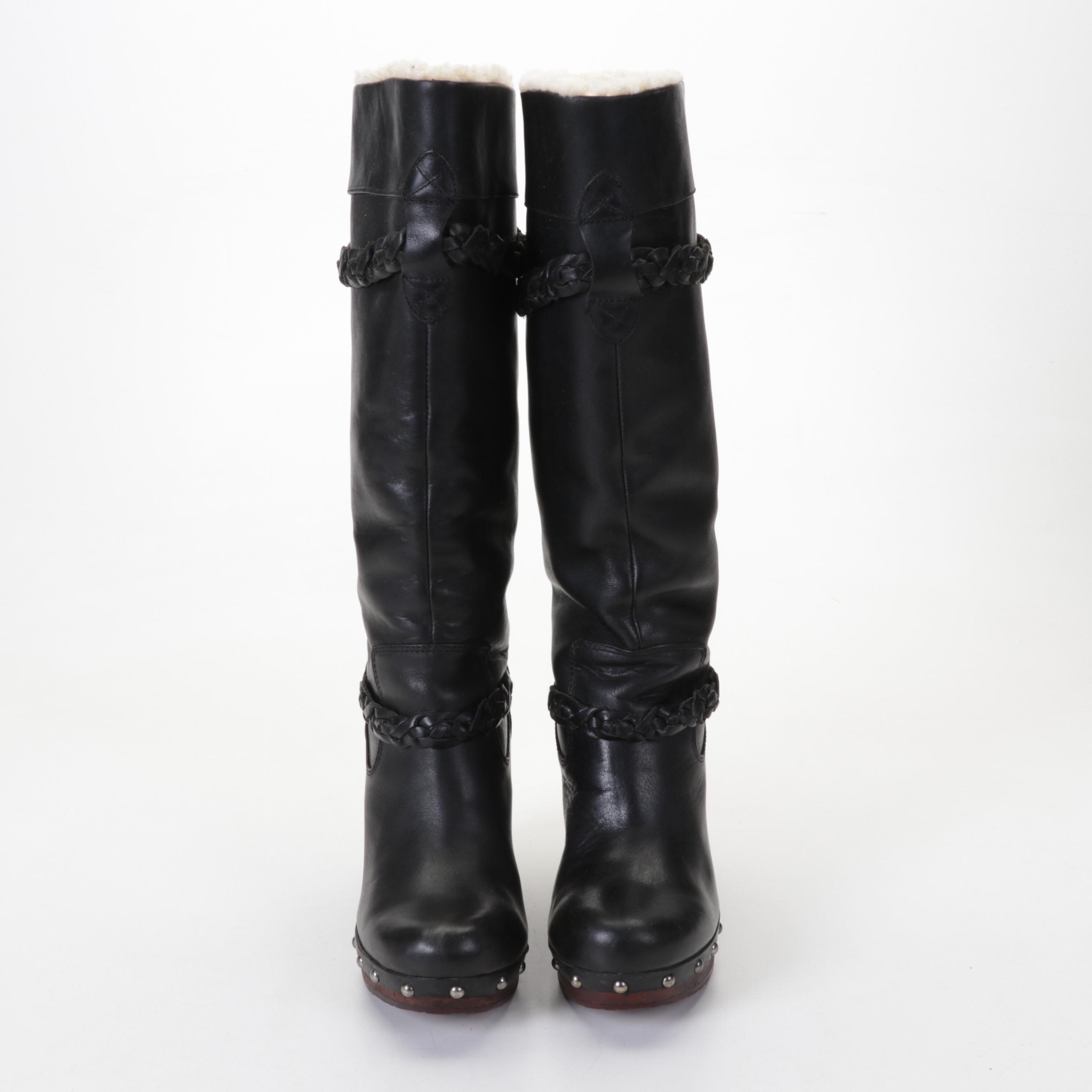 Ugg Australia Savanna Sheepskin Lined Clog Boots in Black Leather