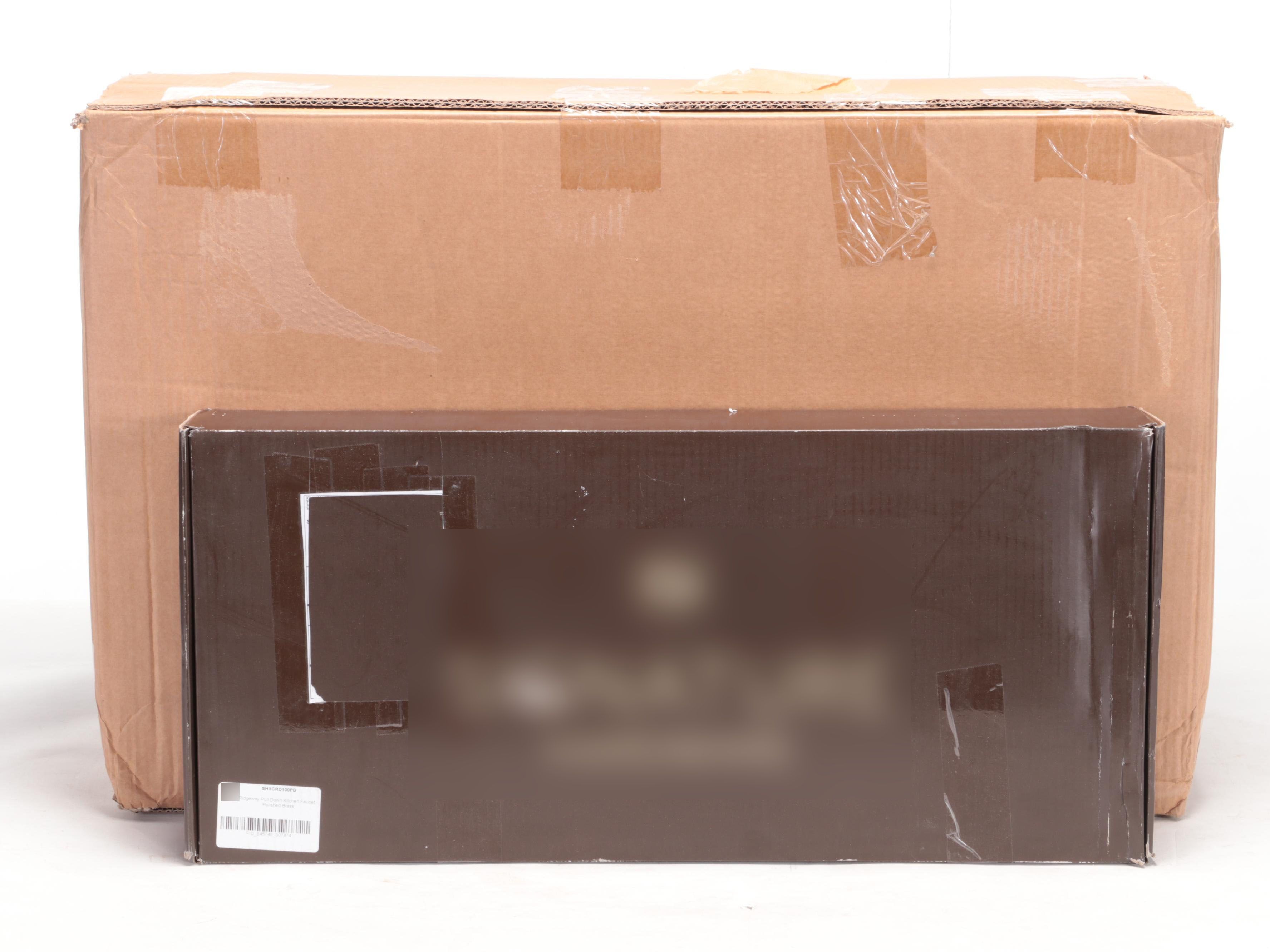 Dark Blue Fireclay Farmhouse Sink, Polished Brass Pull-Down Kitchen Faucet