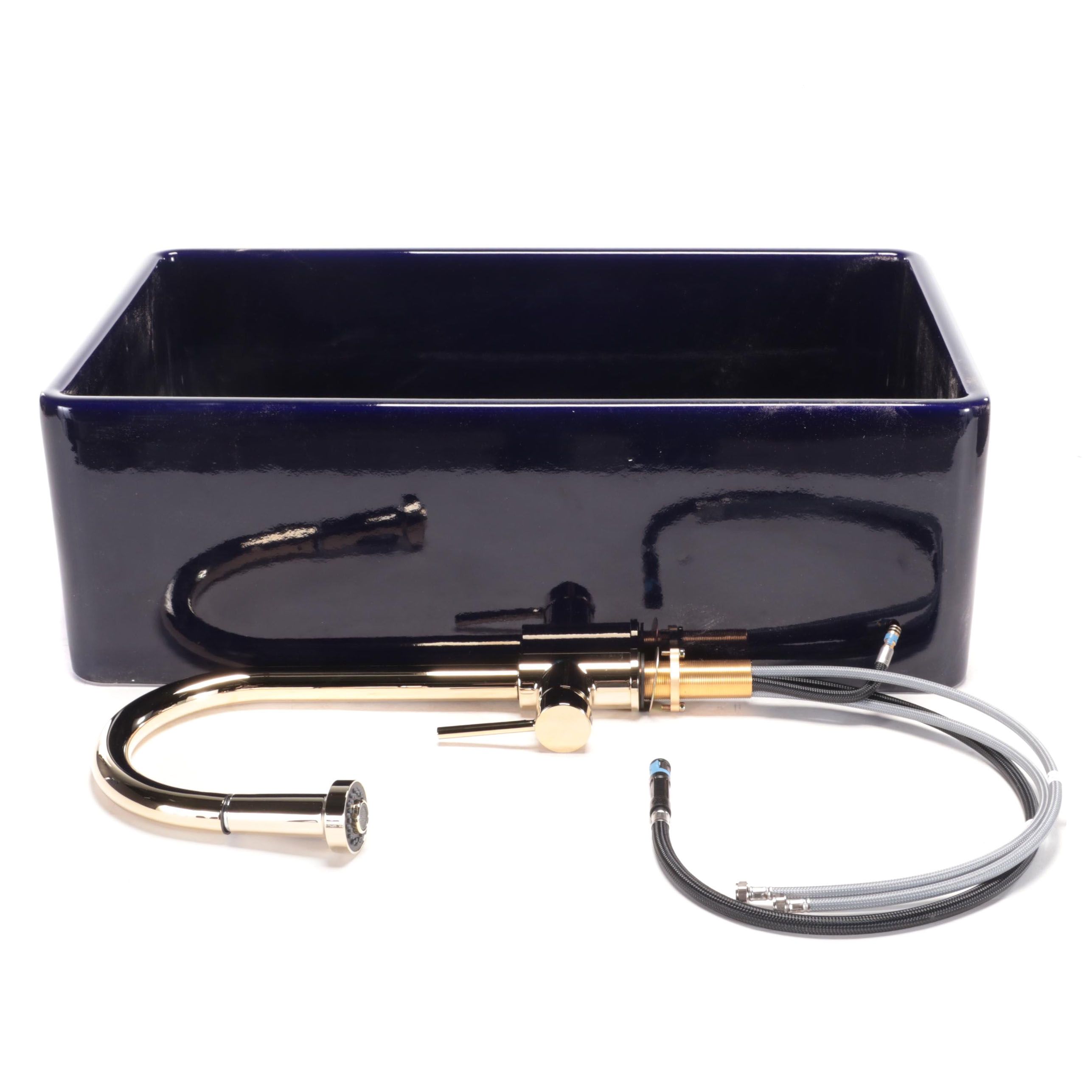 Dark Blue Fireclay Farmhouse Sink, Polished Brass Pull-Down Kitchen Faucet