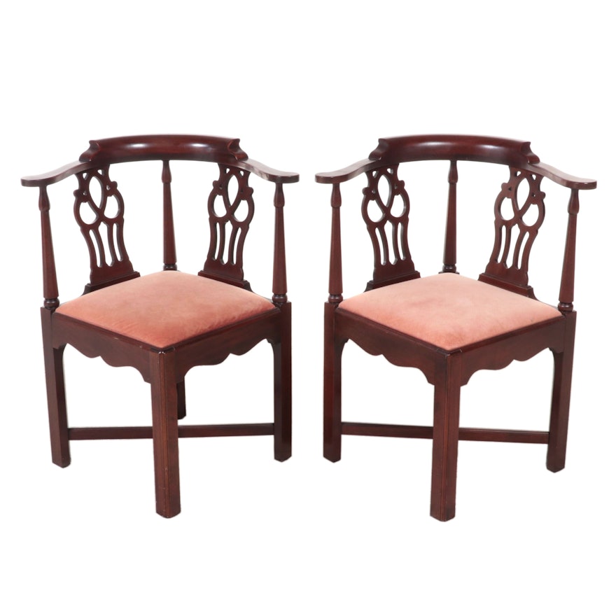 Pair of Hickory Chair Chippendale Style Mahogany Corner Chairs