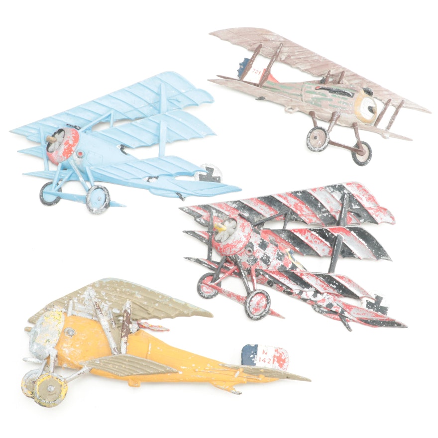 Cold Painted Cast Metal Biplane and Triplane Airplane Wall Hangings