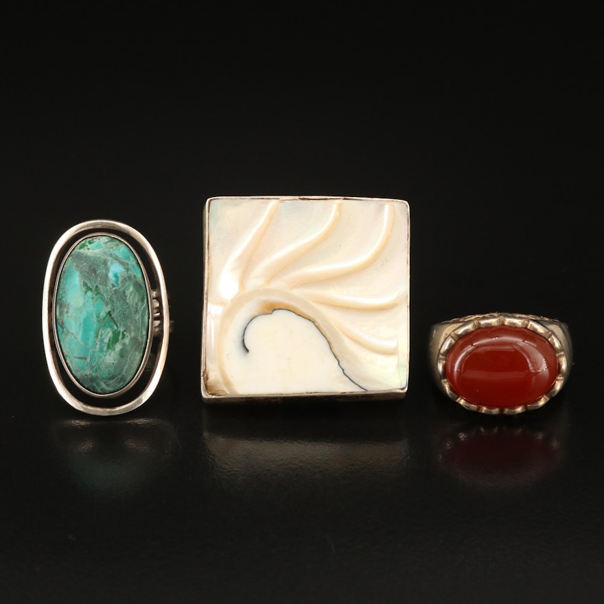Trio of Sterling Rings Including Mother-of-Pearl and Carnelian