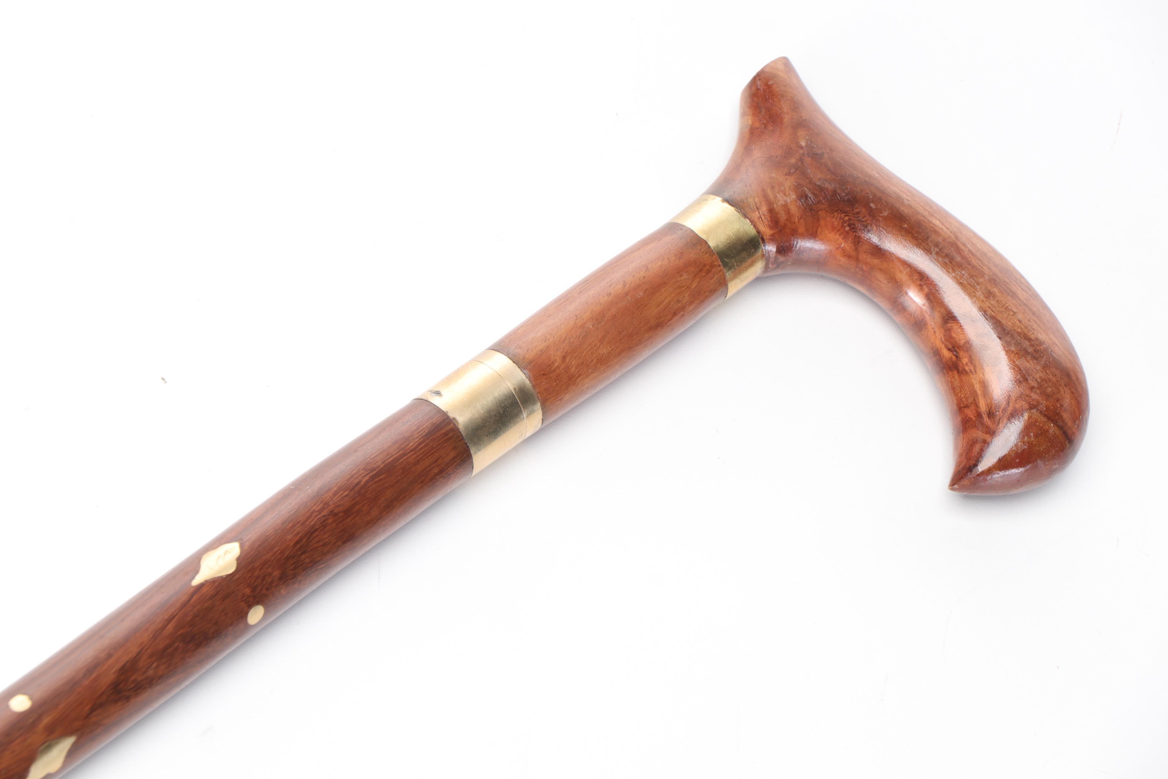 Hand-Carved Wooden Sword Cane With Brass Inlay