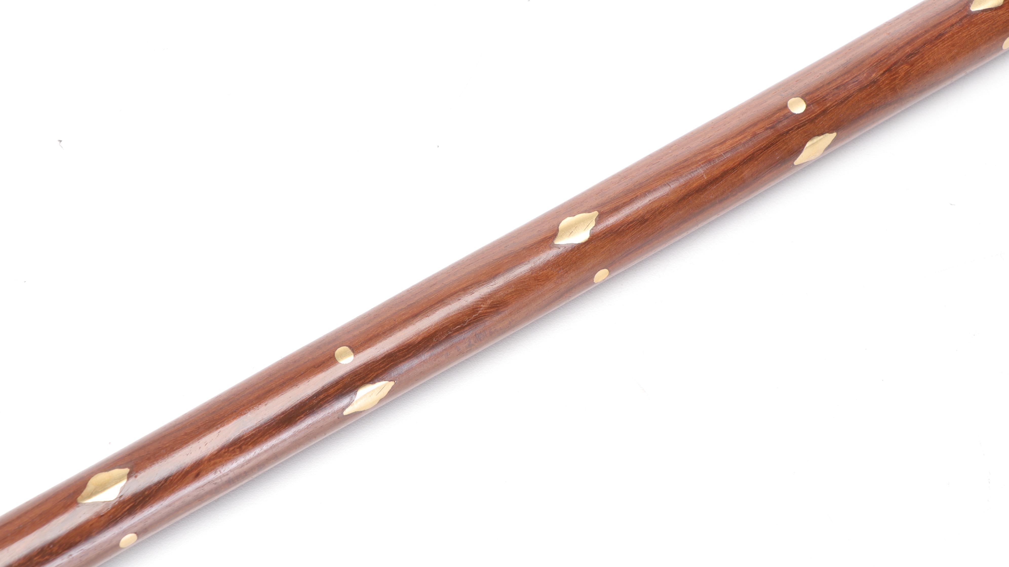 Hand-Carved Wooden Sword Cane With Brass Inlay