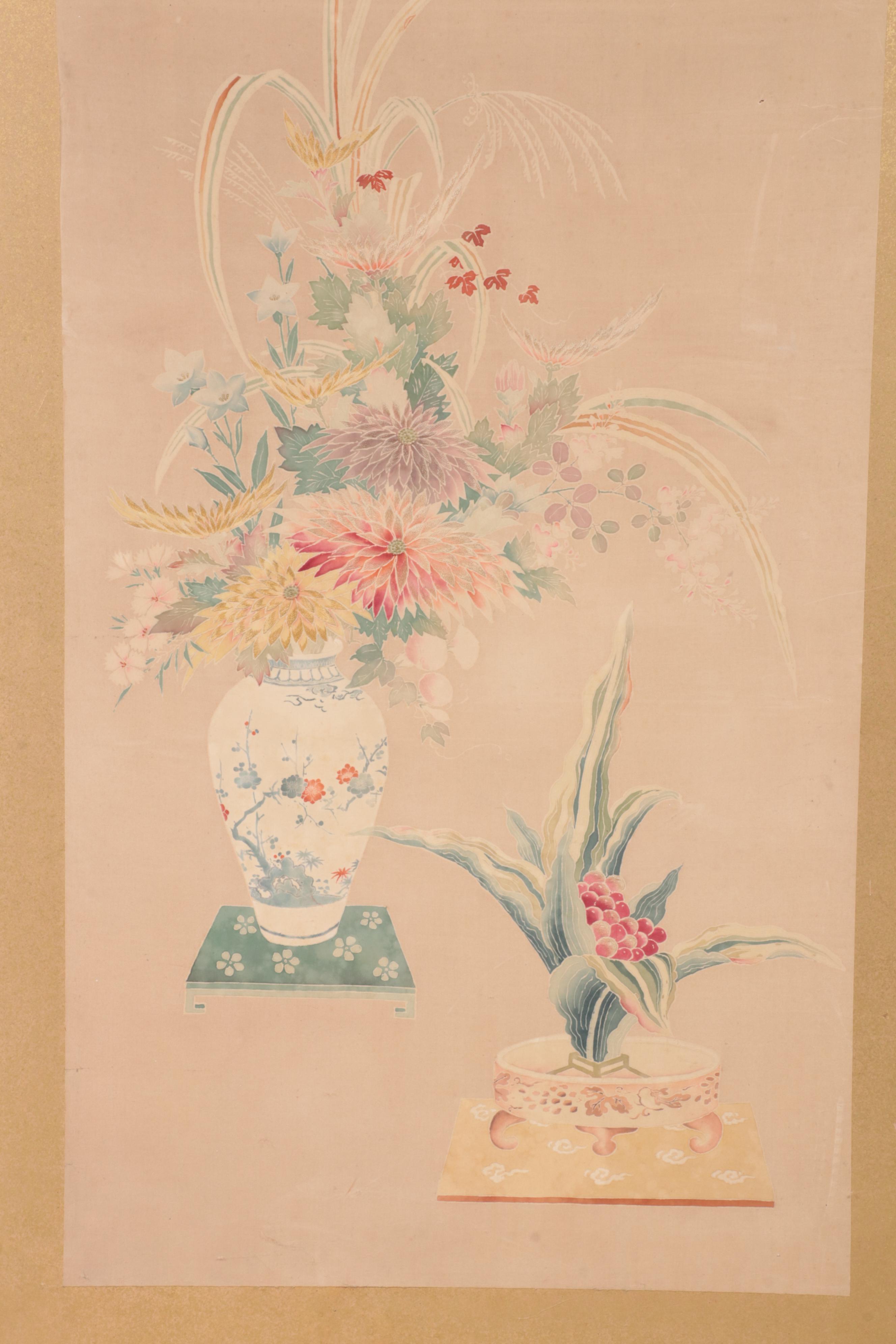 Pair of Japanese Woven Silk Panels with Floral Serigraph Print