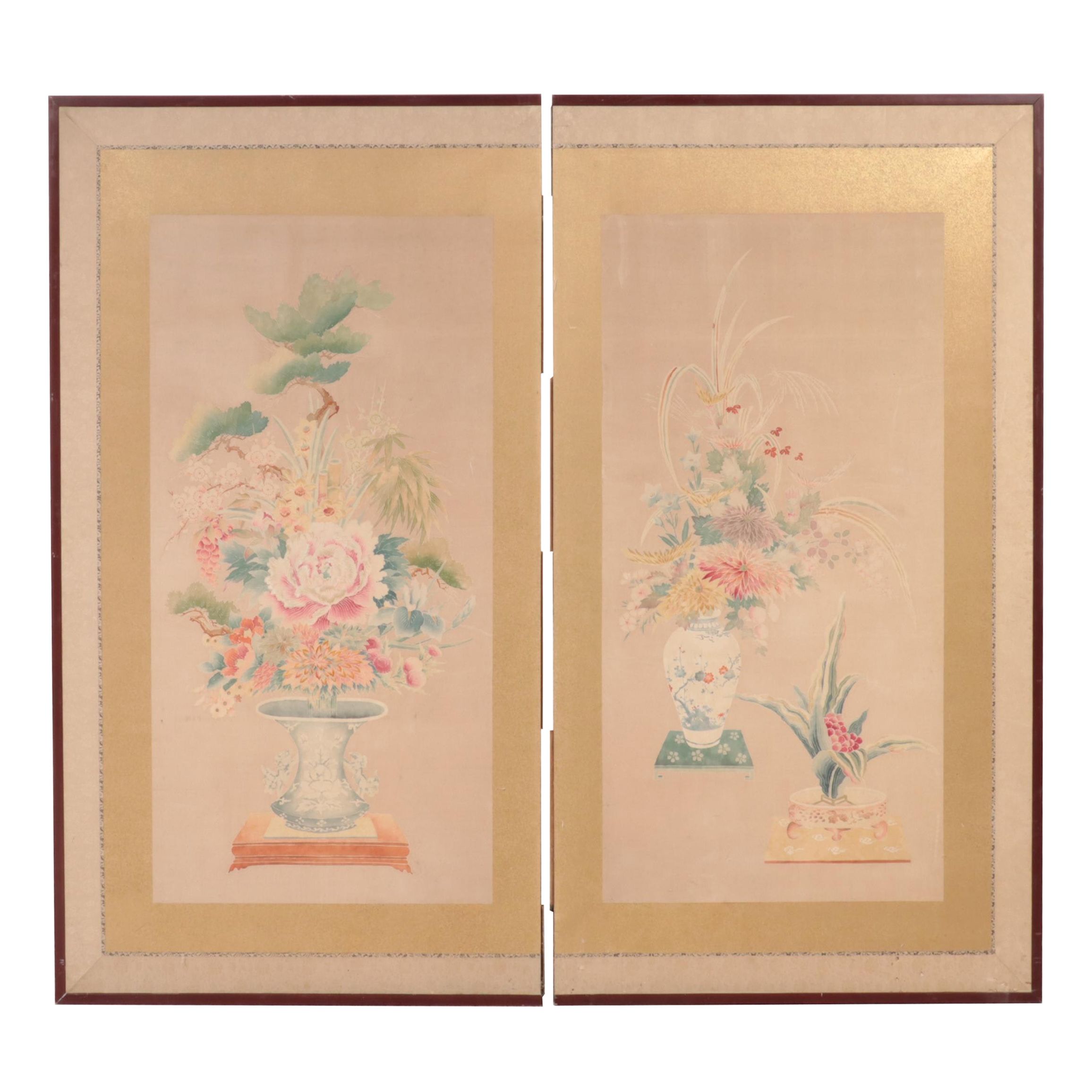 Pair of Japanese Woven Silk Panels with Floral Serigraph Print