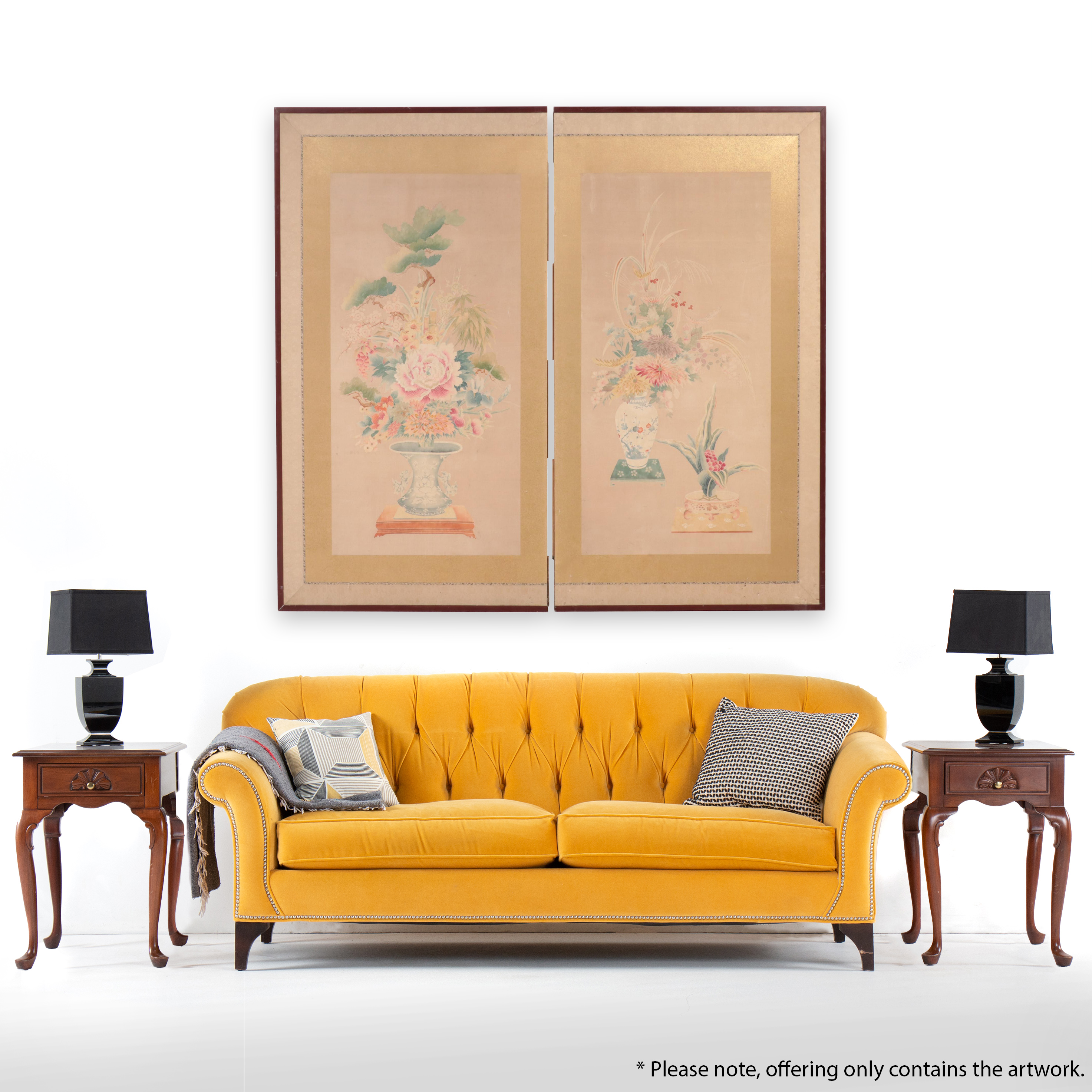Pair of Japanese Woven Silk Panels with Floral Serigraph Print