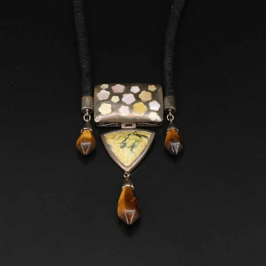 Sterling Tiger's Eye, Serpentine, and Mother of Pearl Necklace