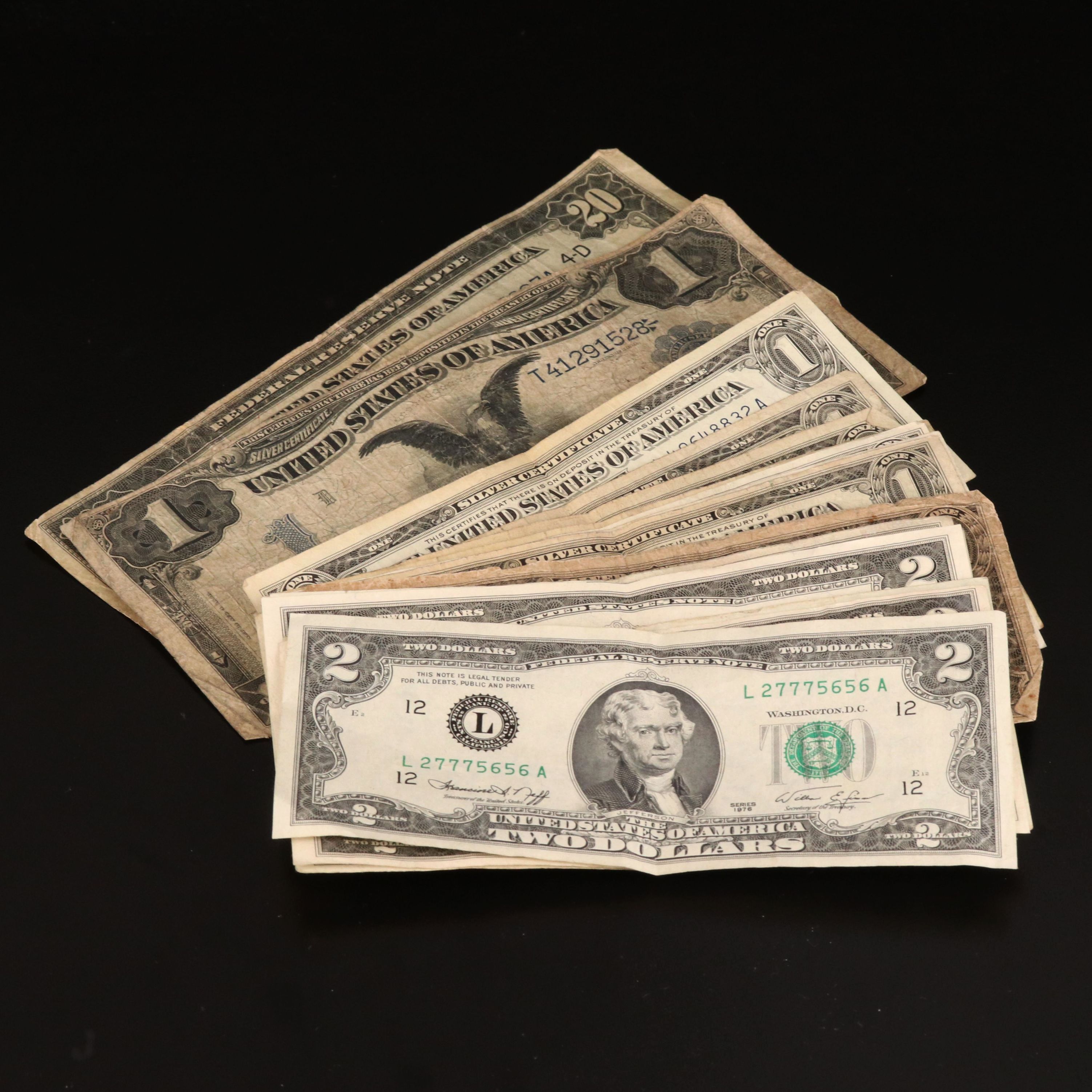 Eighteen Various U.S. Currency Notes Including an 1899 Black Eagle
