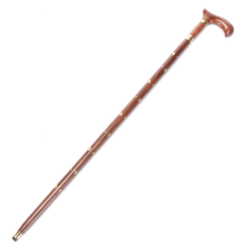 Hand-Carved Wooden Sword Cane With Brass Inlay