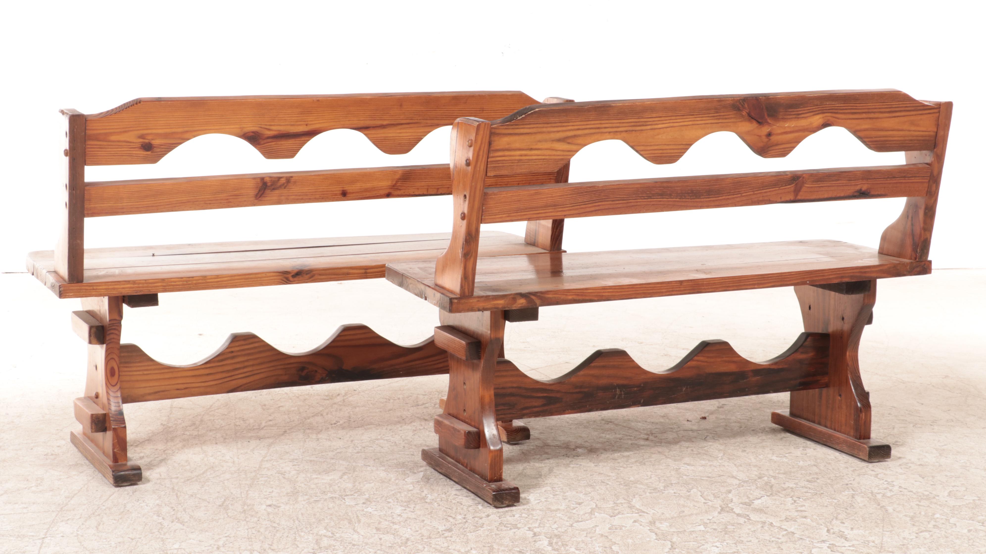 Pair of American Colonial Style Pine Benches, Mid to Late 20th Century