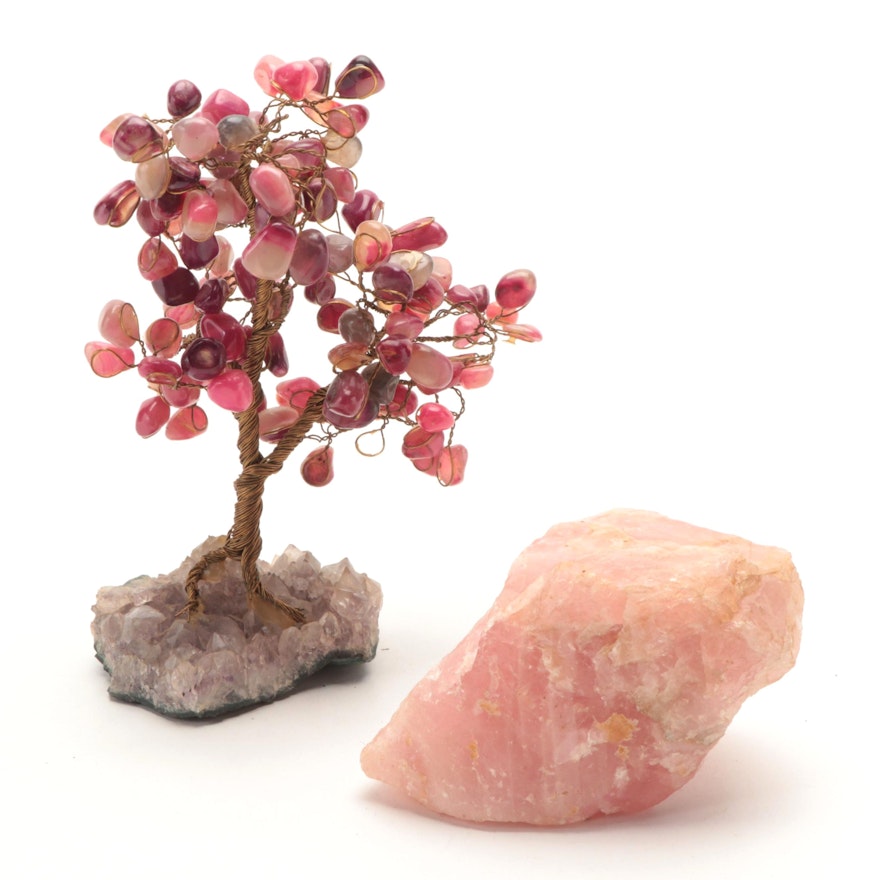 Agate Wirework Tree Figurine with Rough Rose Quartz Specimen