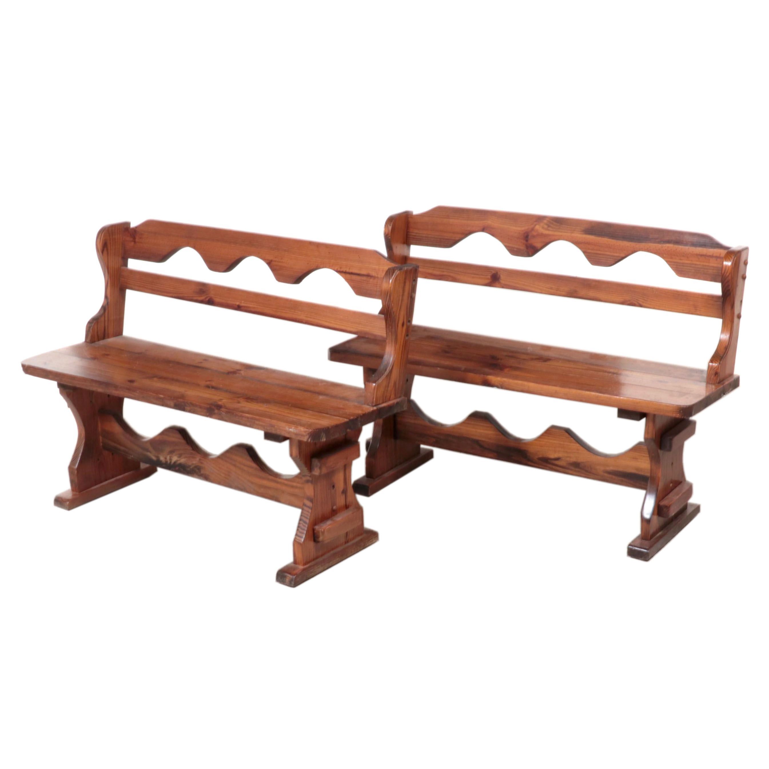 Pair of American Colonial Style Pine Benches, Mid to Late 20th Century