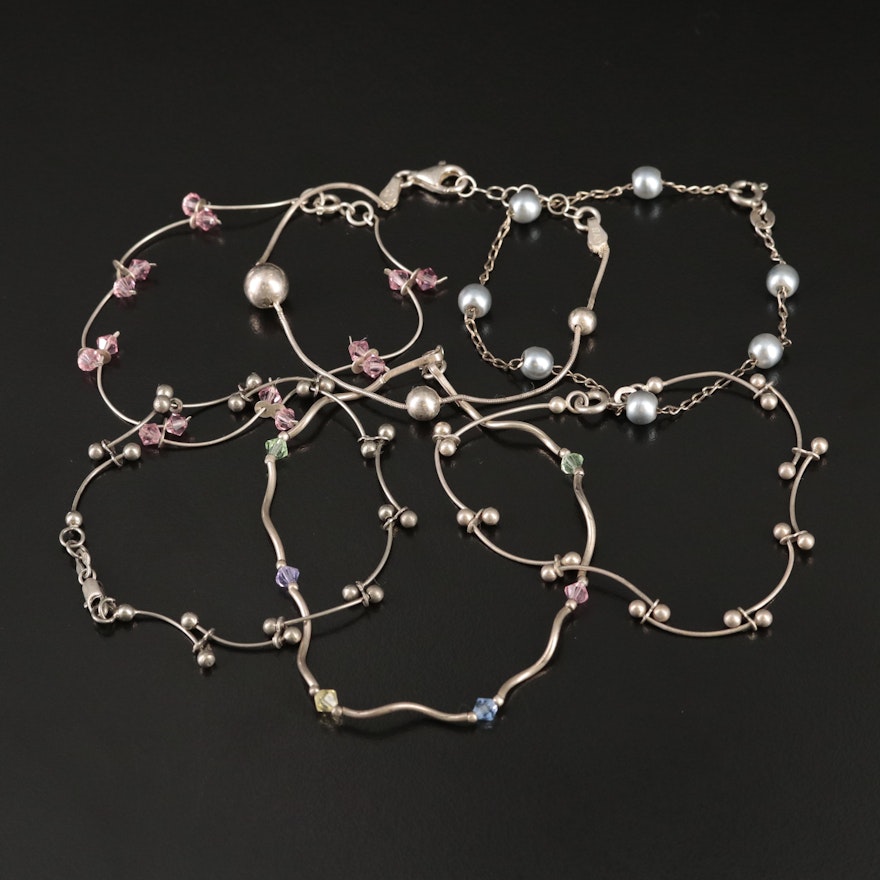 Sterling Bracelets Including Faux Pearl and Glass