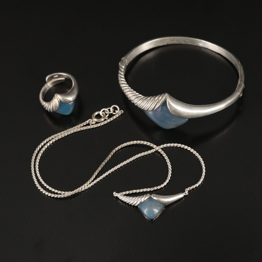 Sterling and 800 Silver Chalcedony Jewelry Set