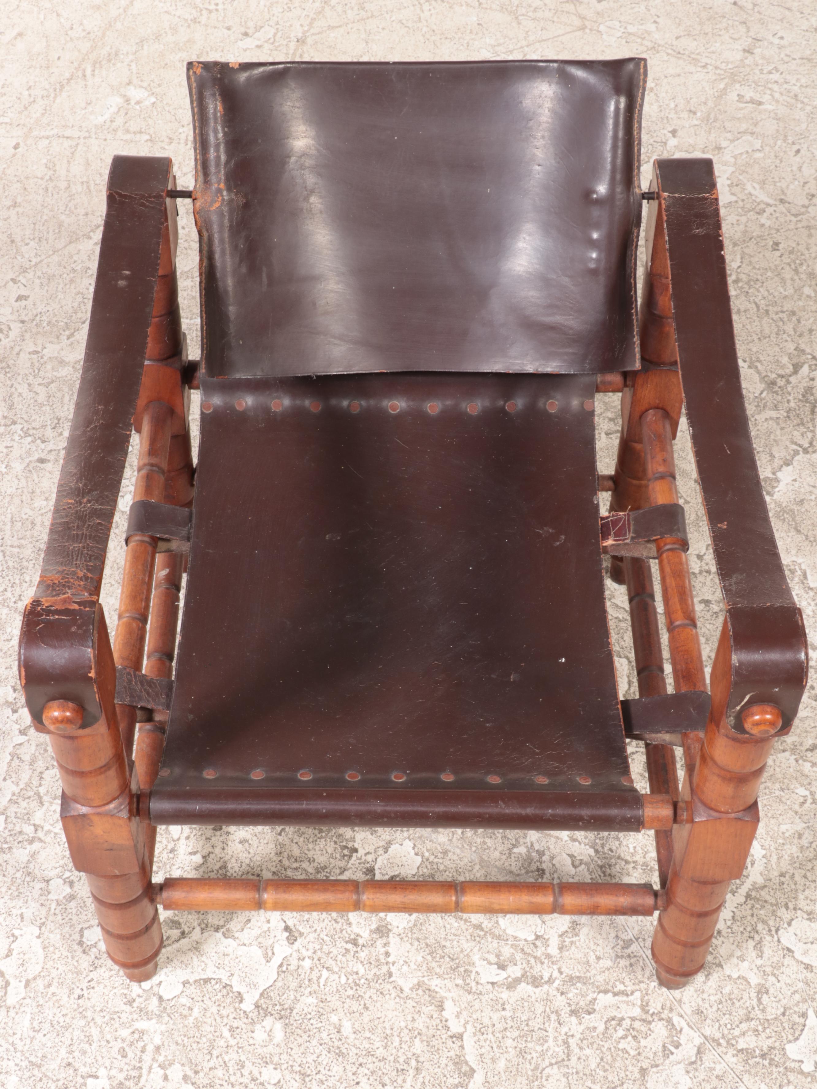 Leather and Turned Wood Sling-Arm Safari Chair